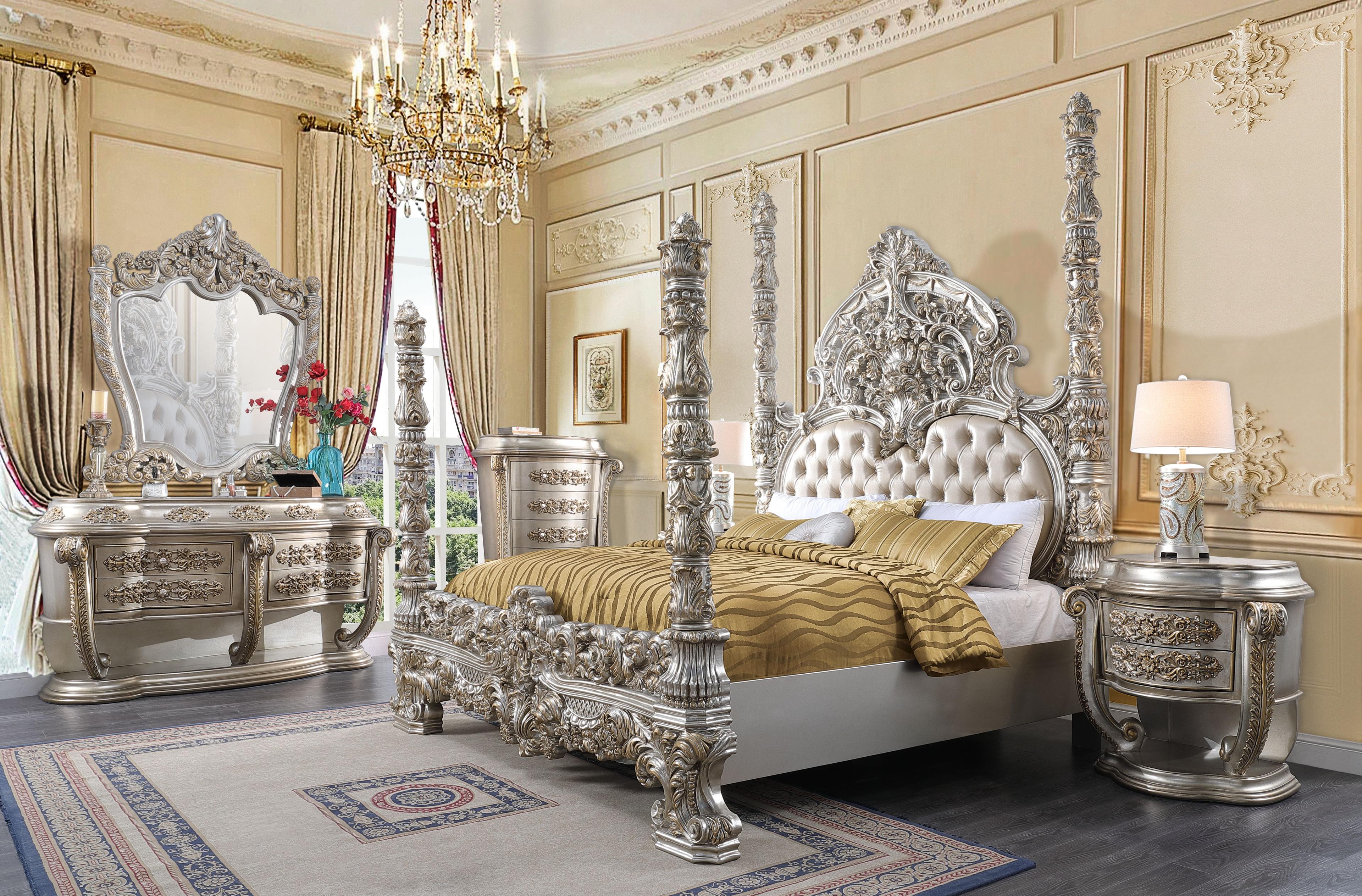 96" Eastern King Bed Danae Bed Synthetic Leather, Champagne and Gold Finish - Acme Furniture: Tufted, Camelback Headboard, Faux Leather