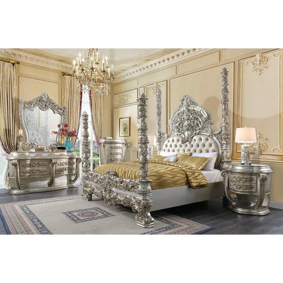 96" Eastern King Bed Danae Bed Synthetic Leather, Champagne and Gold Finish - Acme Furniture: Tufted, Camelback Headboard, Faux Leather