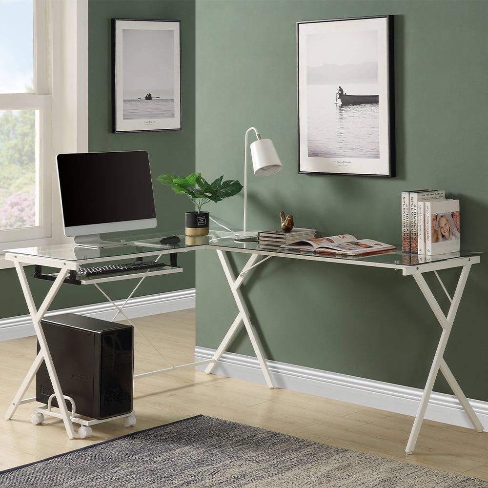 62" White Glass Top L-Shaped Computer Desk with Keyboard Tray