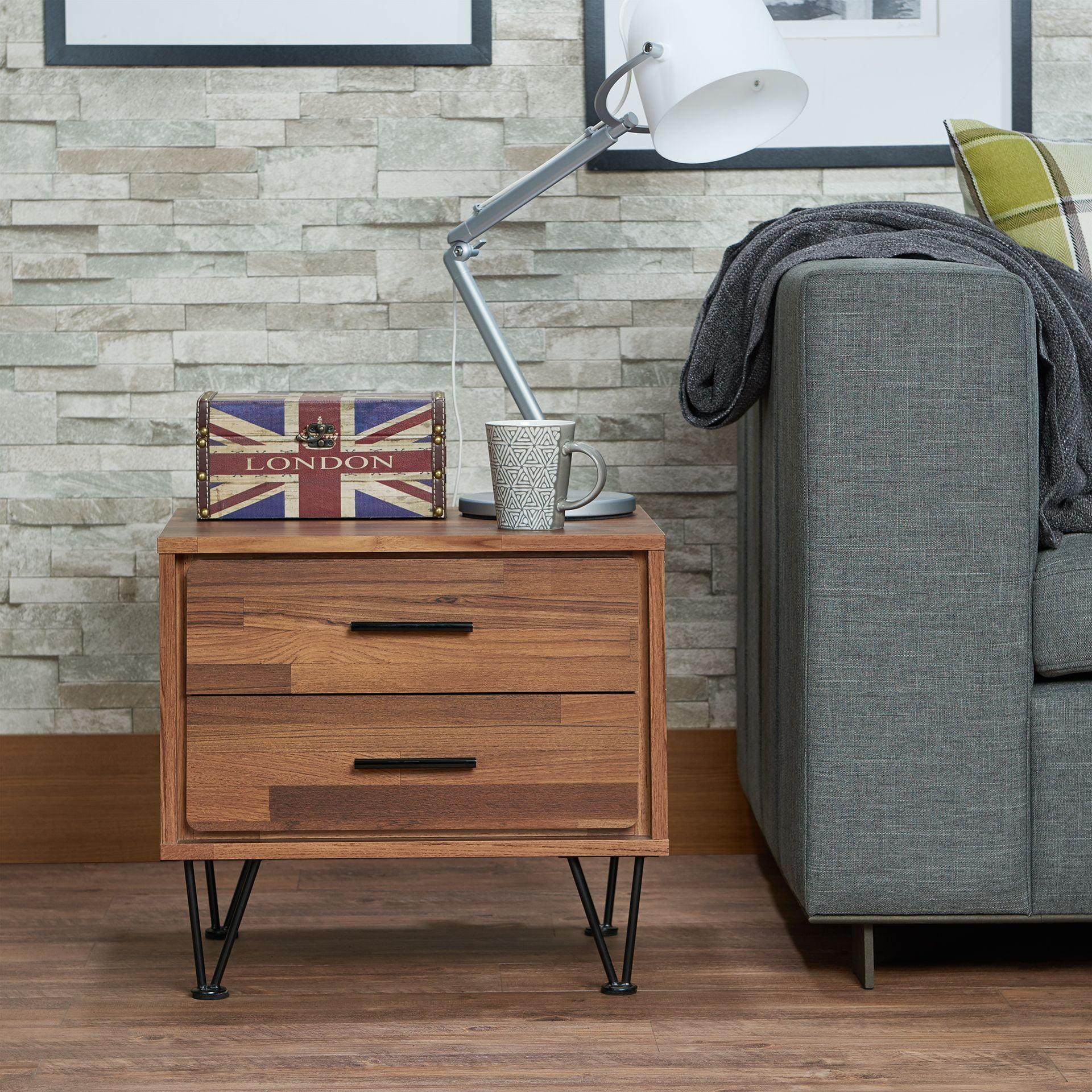 Elegant Walnut Finish 2-Drawer Accent Table with Metal Hardware