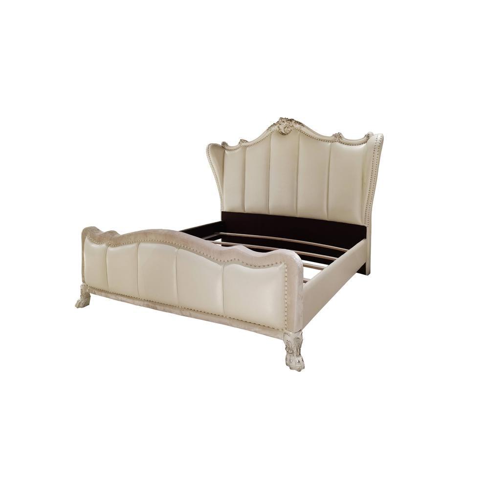 Acme Furniture 95" California King Bed Dresden Synthetic Leather & Bone White : Champagne PU, Claw Feet, Tufted Headboard