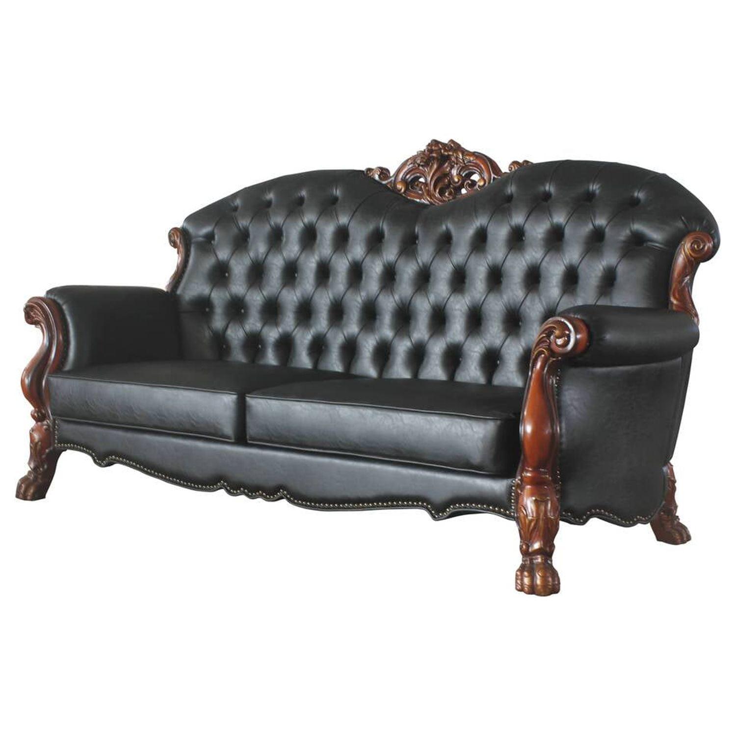 Dresden Black Faux Leather Tufted Sofa with Cherry Oak Accents