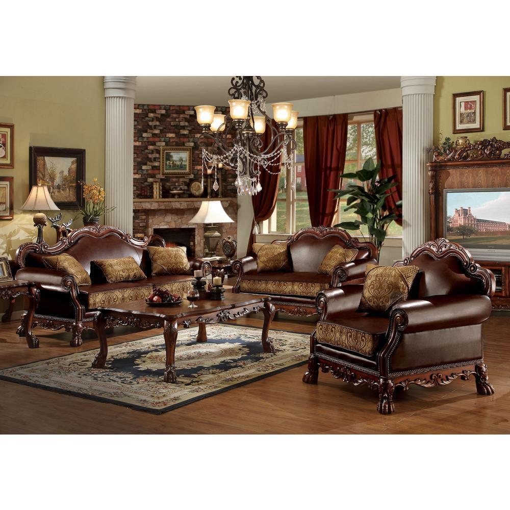 Acme Furniture 67" Dresden Sofa Brown Synthetic Leather/Chenille/Cherry Oak