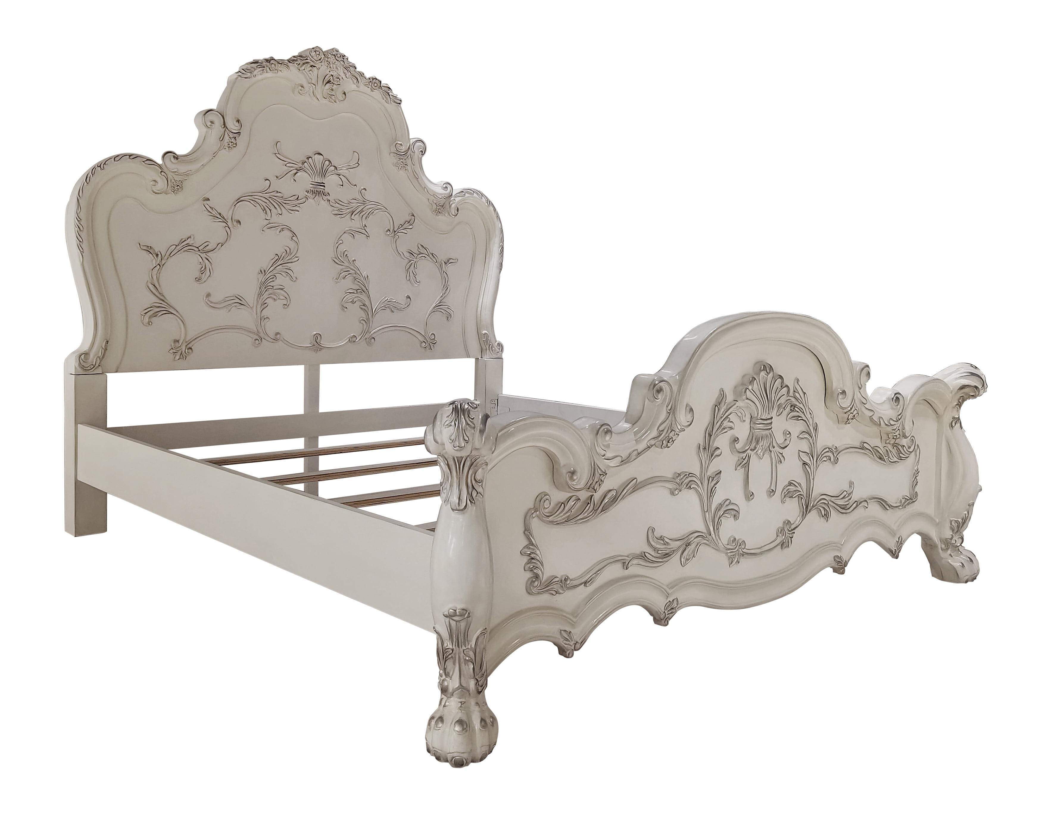 92" Eastern King Bed Dresden Bed Bone White Finish - Acme Furniture: Traditional Design, Claw Feet, Faux Leather Upholstery