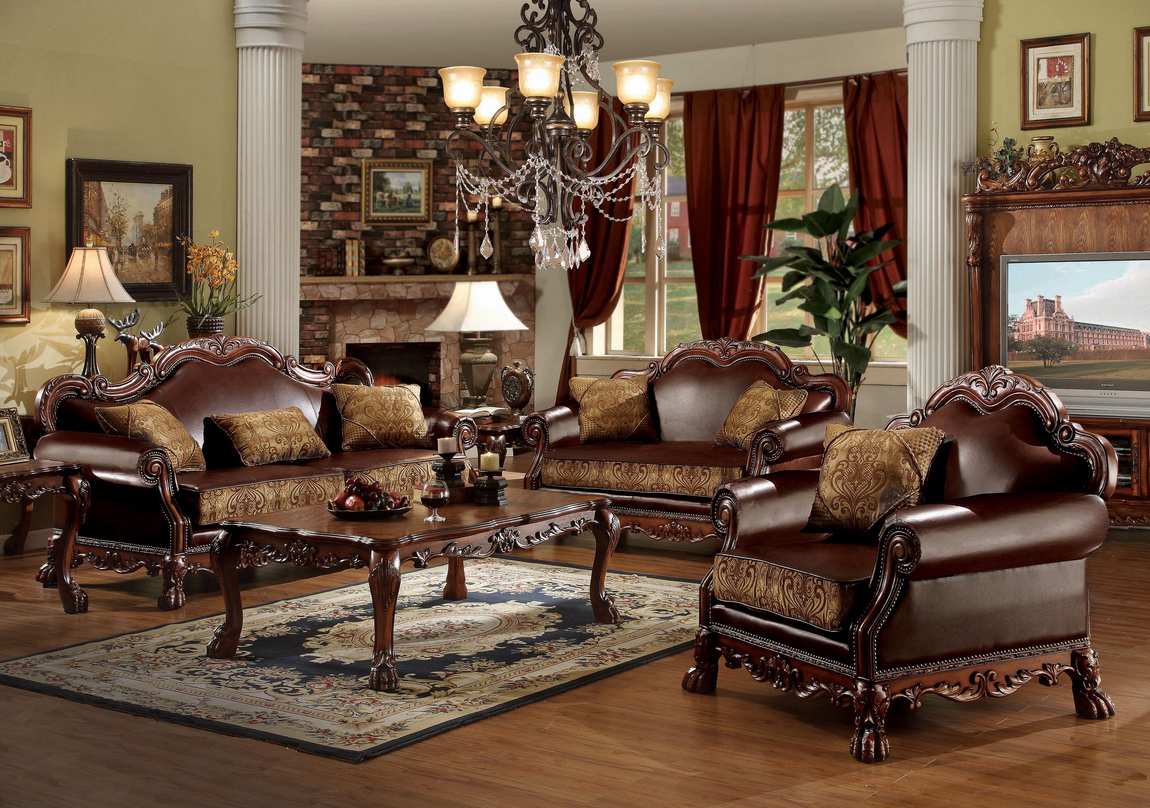 Dresden 89" Brown Synthetic Leather and Chenille Sofa with Cherry Oak Frame