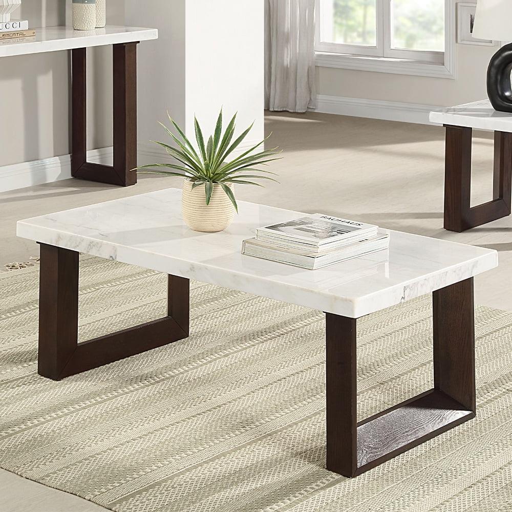 Acme Furniture Edwyn Coffee Table w/Marble Top, White Natural Marble Top & Brown Finish