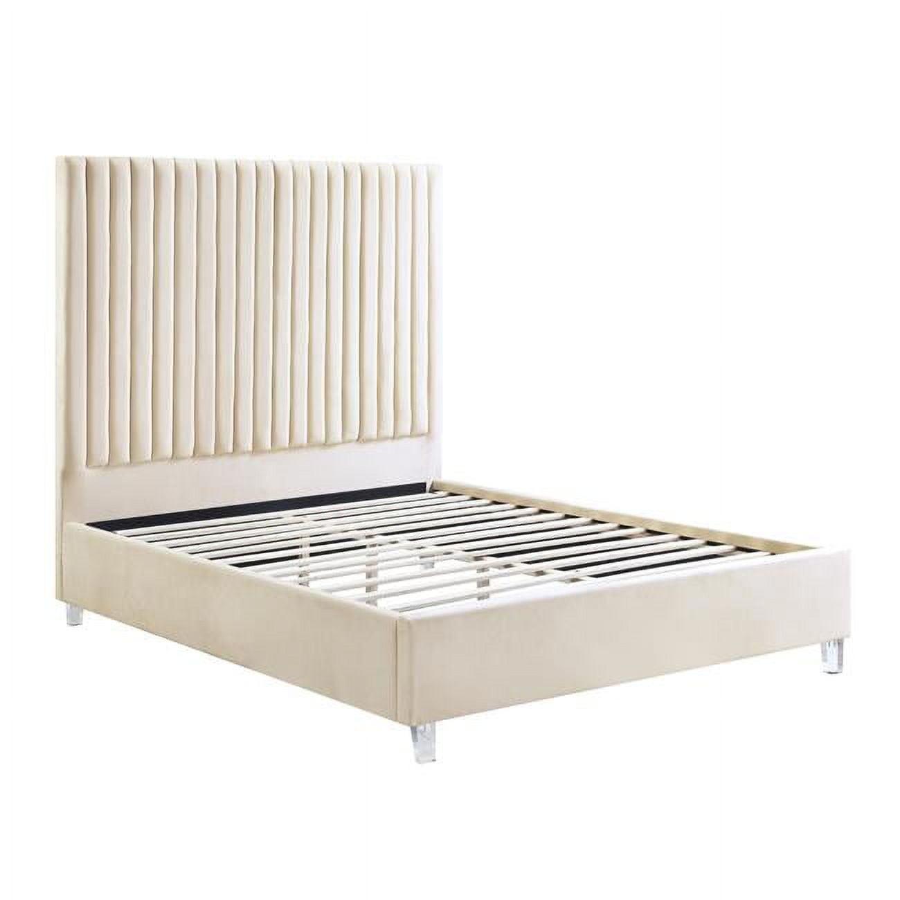 Beige Velvet Upholstered Queen Bed with Tufted Headboard and Slats