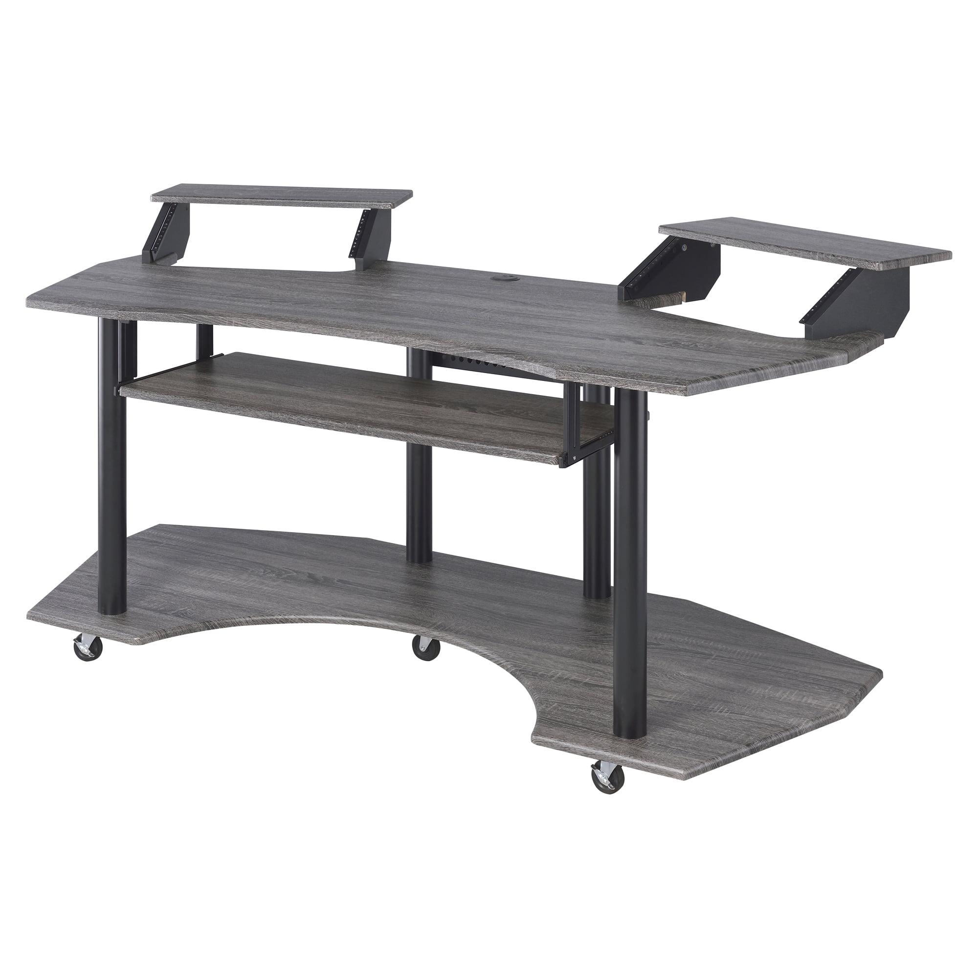 Eleazar Black Oak Studio Desk with Keyboard Tray and Speaker Stands