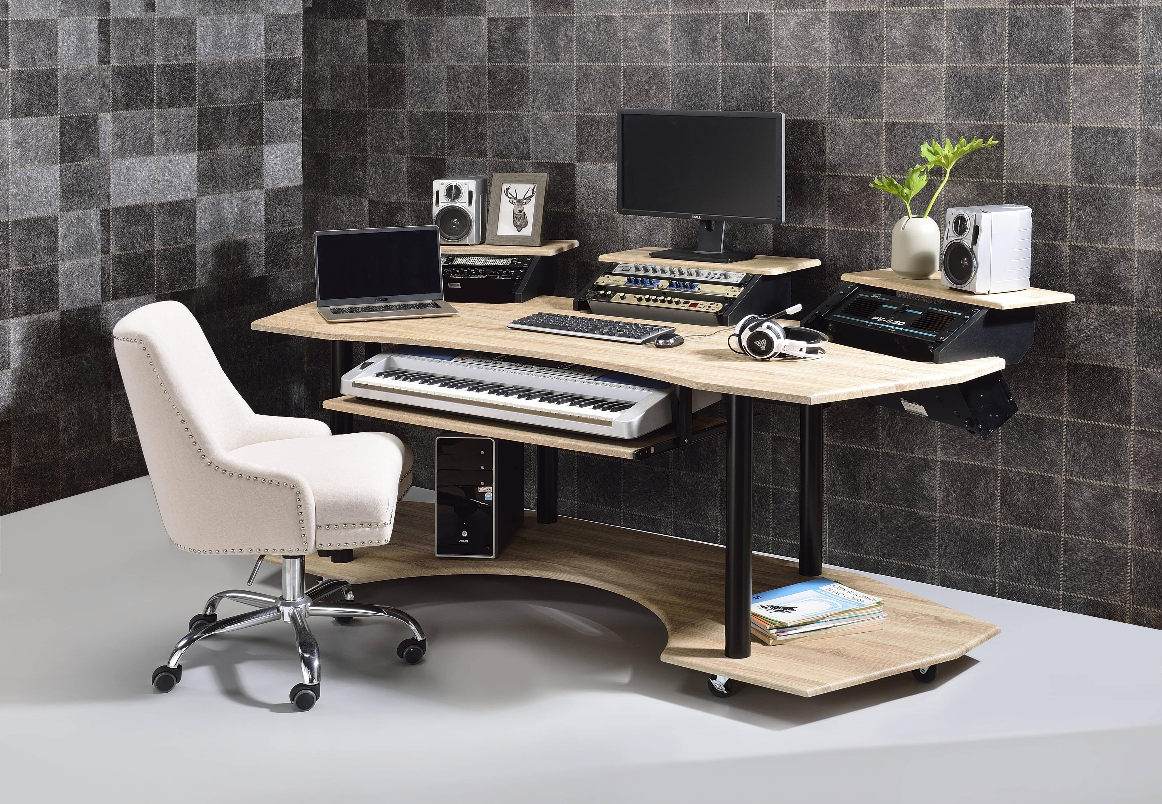 Acme Furniture Eleazar 3 Stands Computer Desk Natural Oak: Metal Frame, Veneer Surface, Hutch Storage