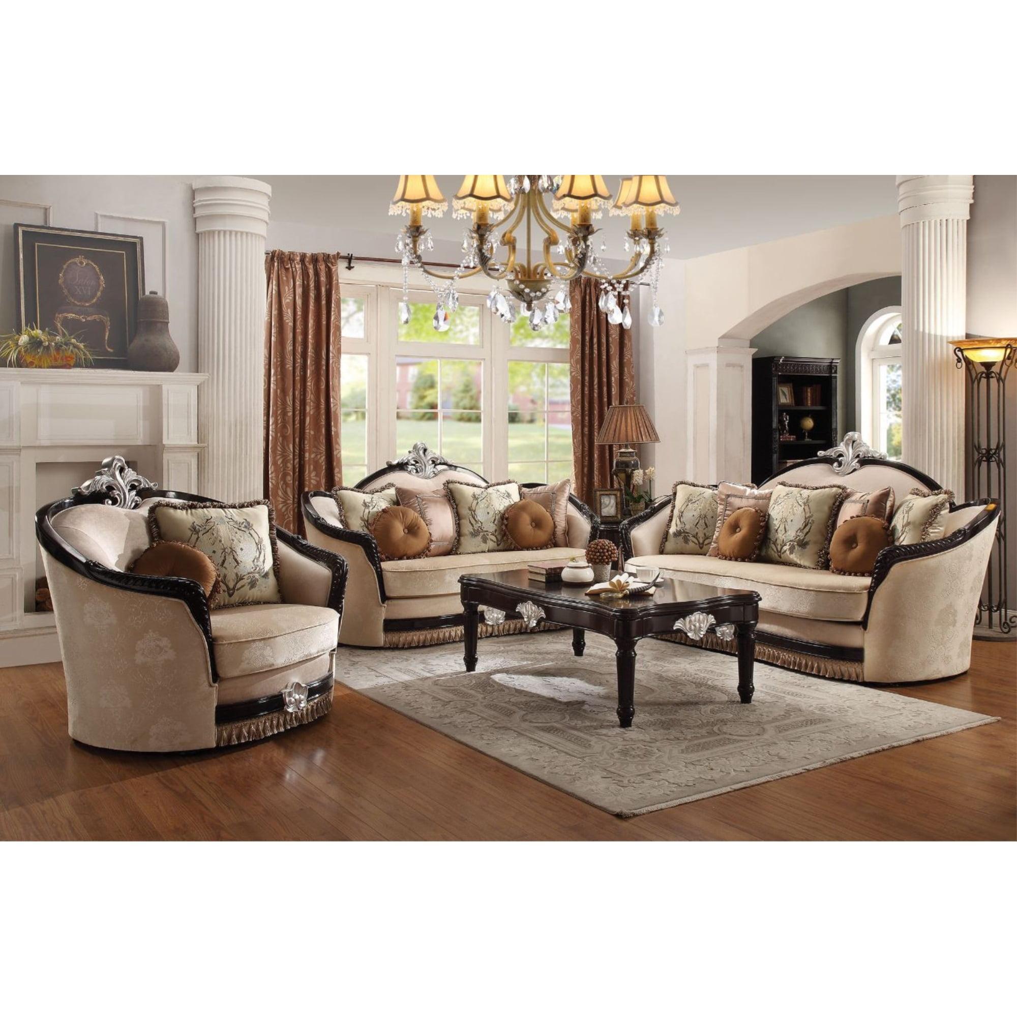 Elegant Traditional Black and Tan Fabric Sofa with Wooden Accents