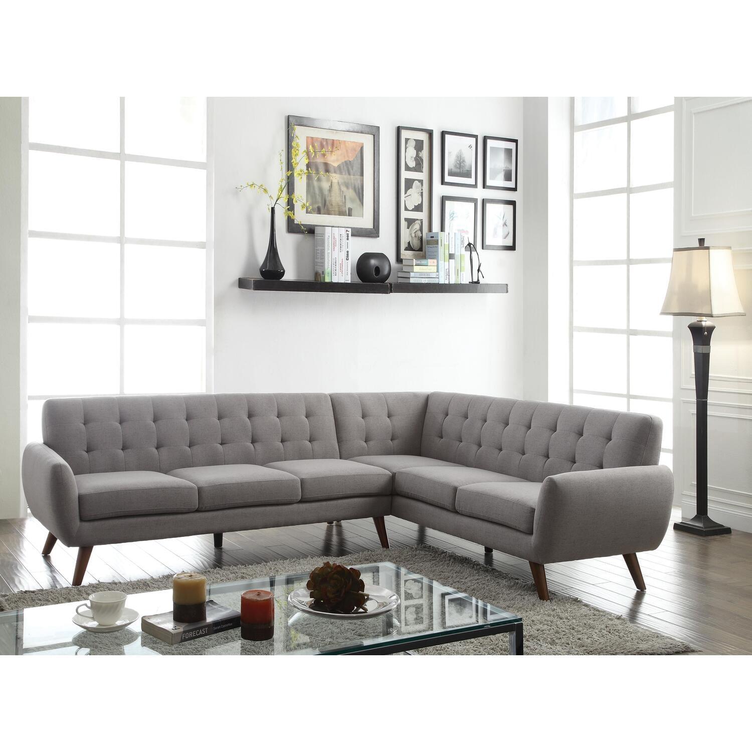 Elegant Mid-Century Light Gray Linen & Wood Sectional Sofa