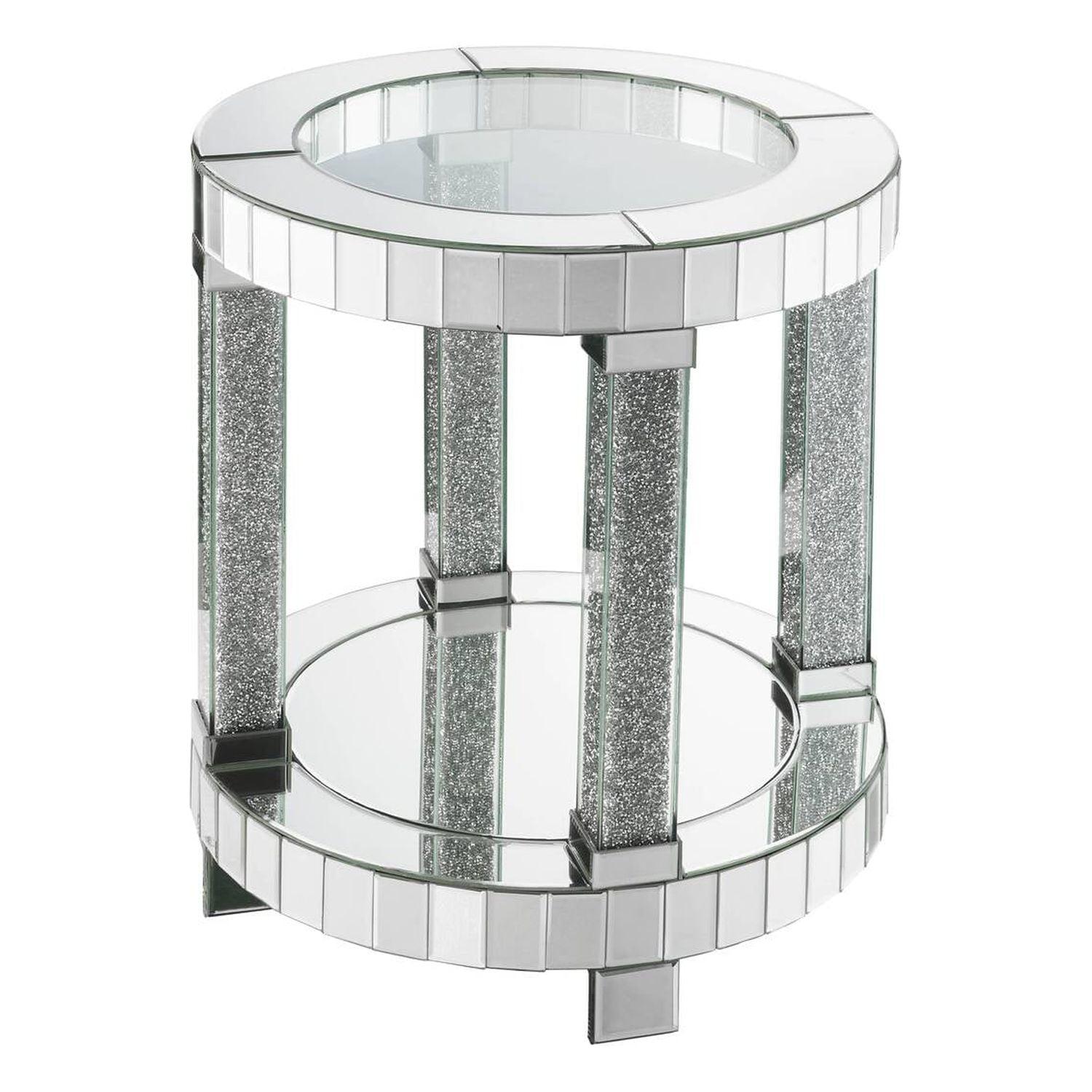 Round Mirrored Glass End Table with Faux Diamonds