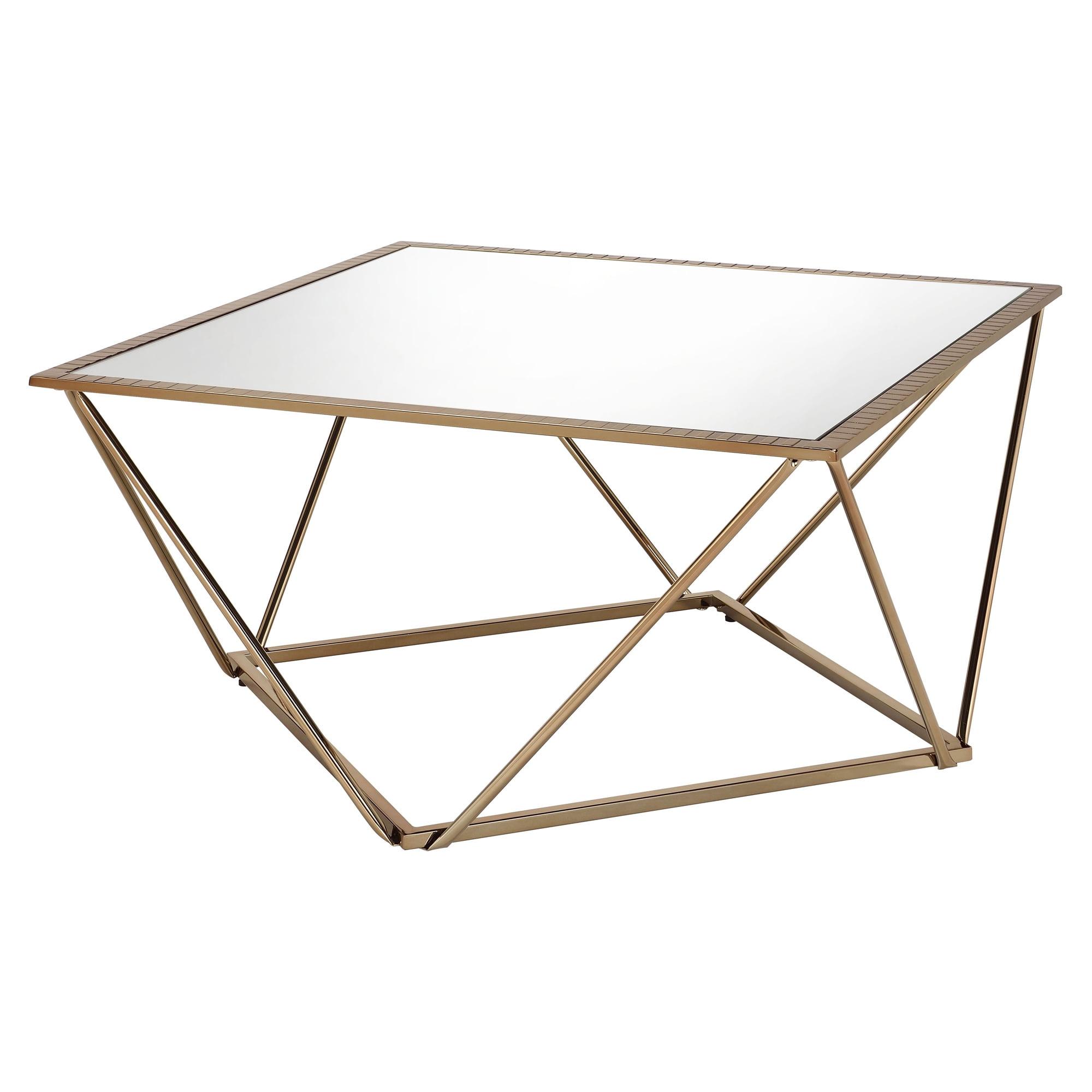 Modern Geometric Square Mirrored Coffee Table with Champagne Gold Finish