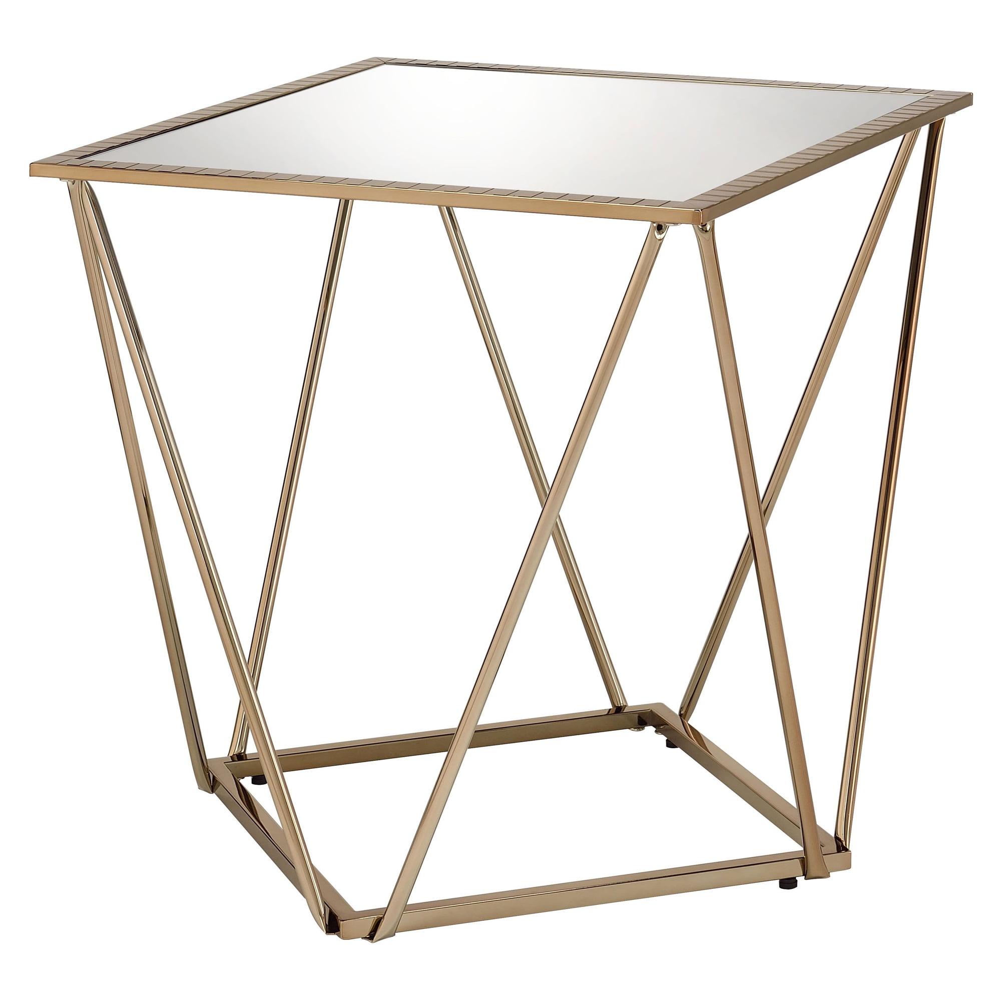 22" Fogya Mirrored Champagne Folding Table Gold Finish - Acme Furniture: No Assembly, Metal Frame, Clear Top