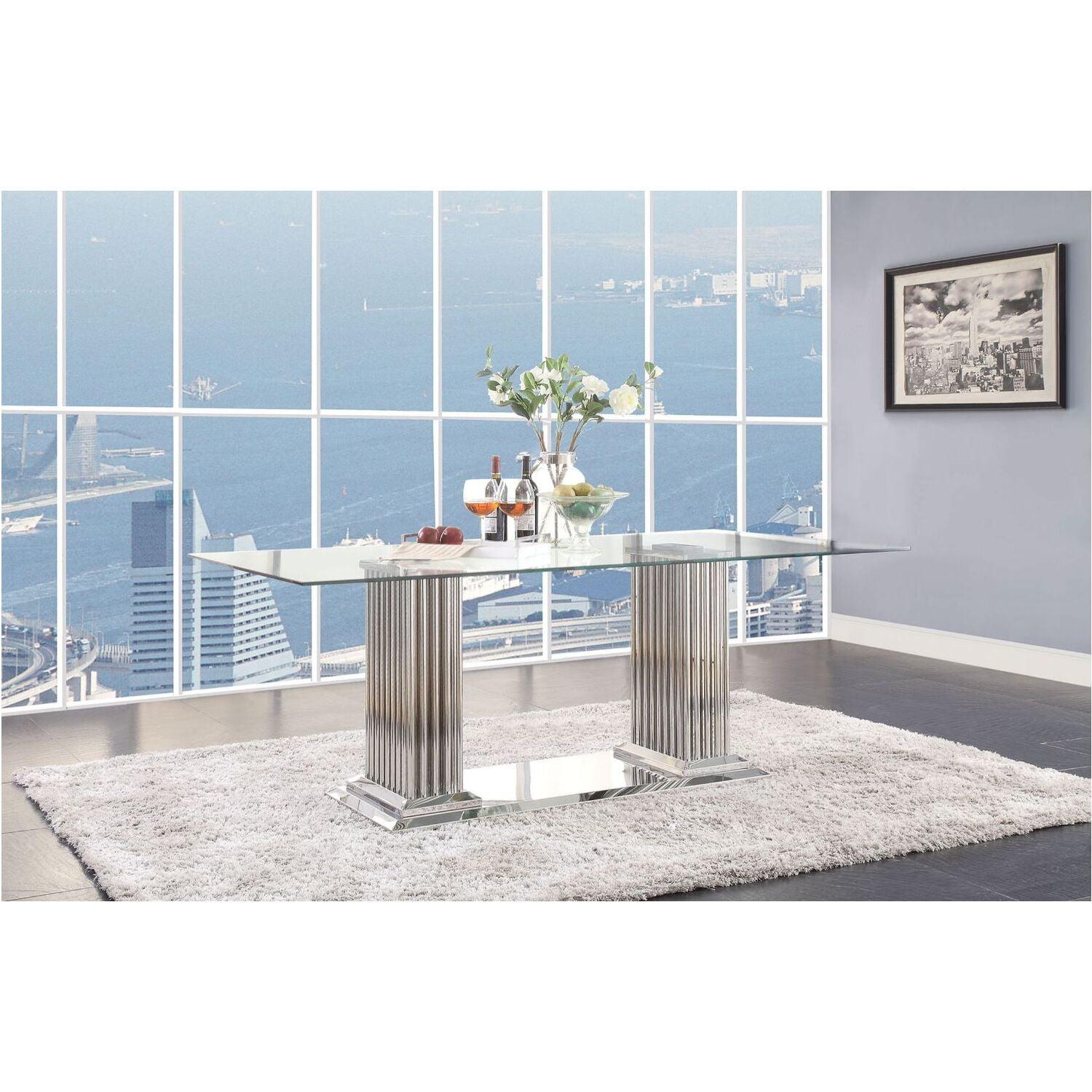 Cyrene Rectangular Glass and Stainless Steel Dining Table