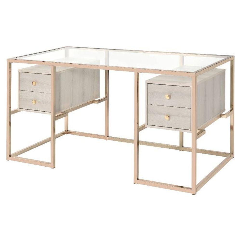 ACME Furniture Huyana Contemporary Tempered Glass & Metal Desk in Clear and Gold