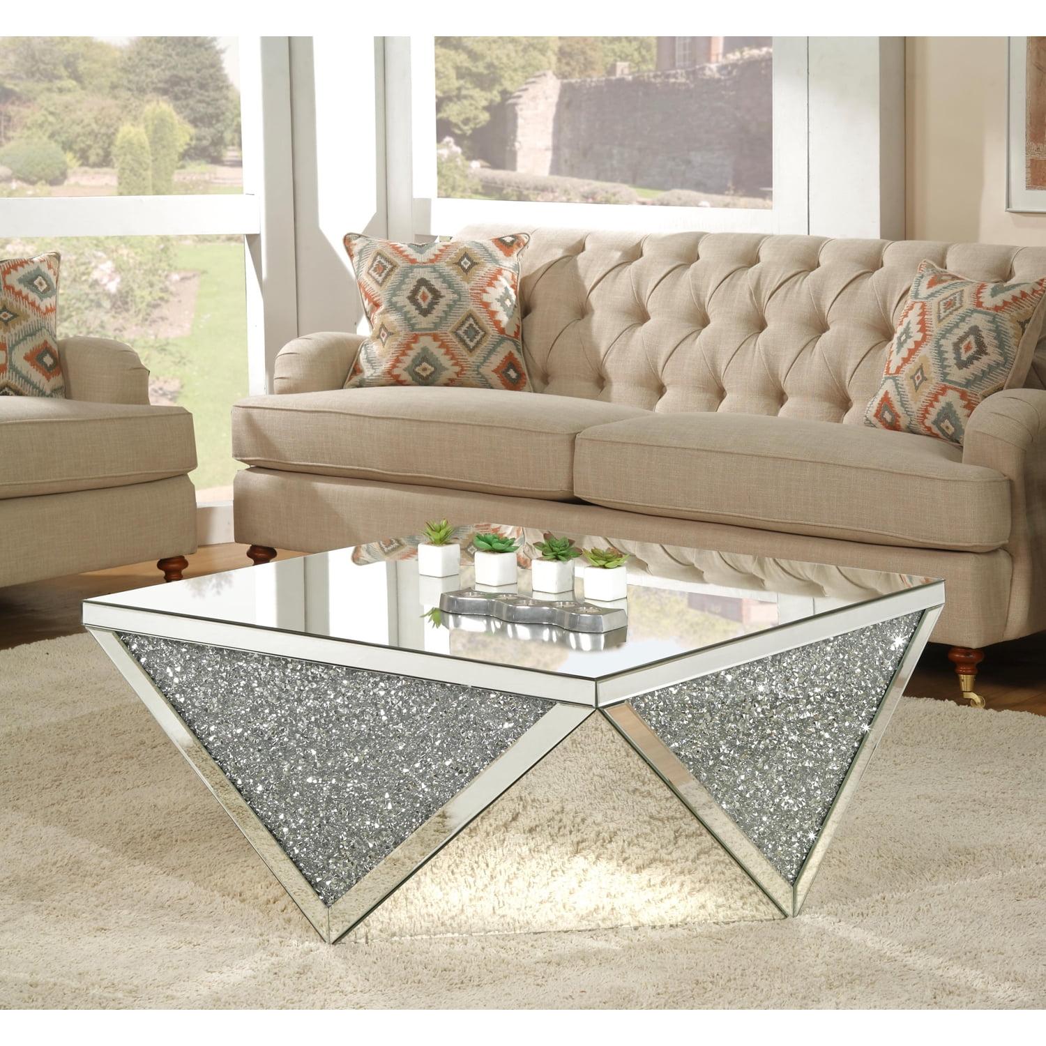 39" Square Mirrored Coffee Table with Faux Diamond Inlay