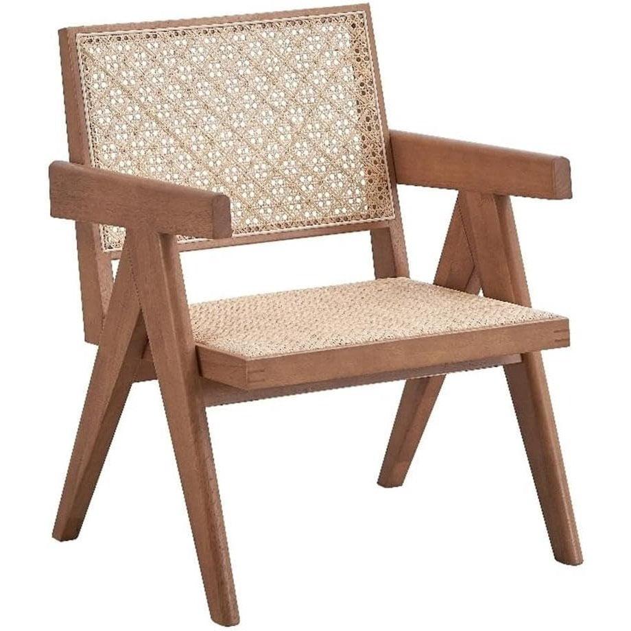 24" Velentina Accent Chair Rattan/Natural Finish - Acme Furniture: Leather Upholstery, Tufted, Wood Composite Frame