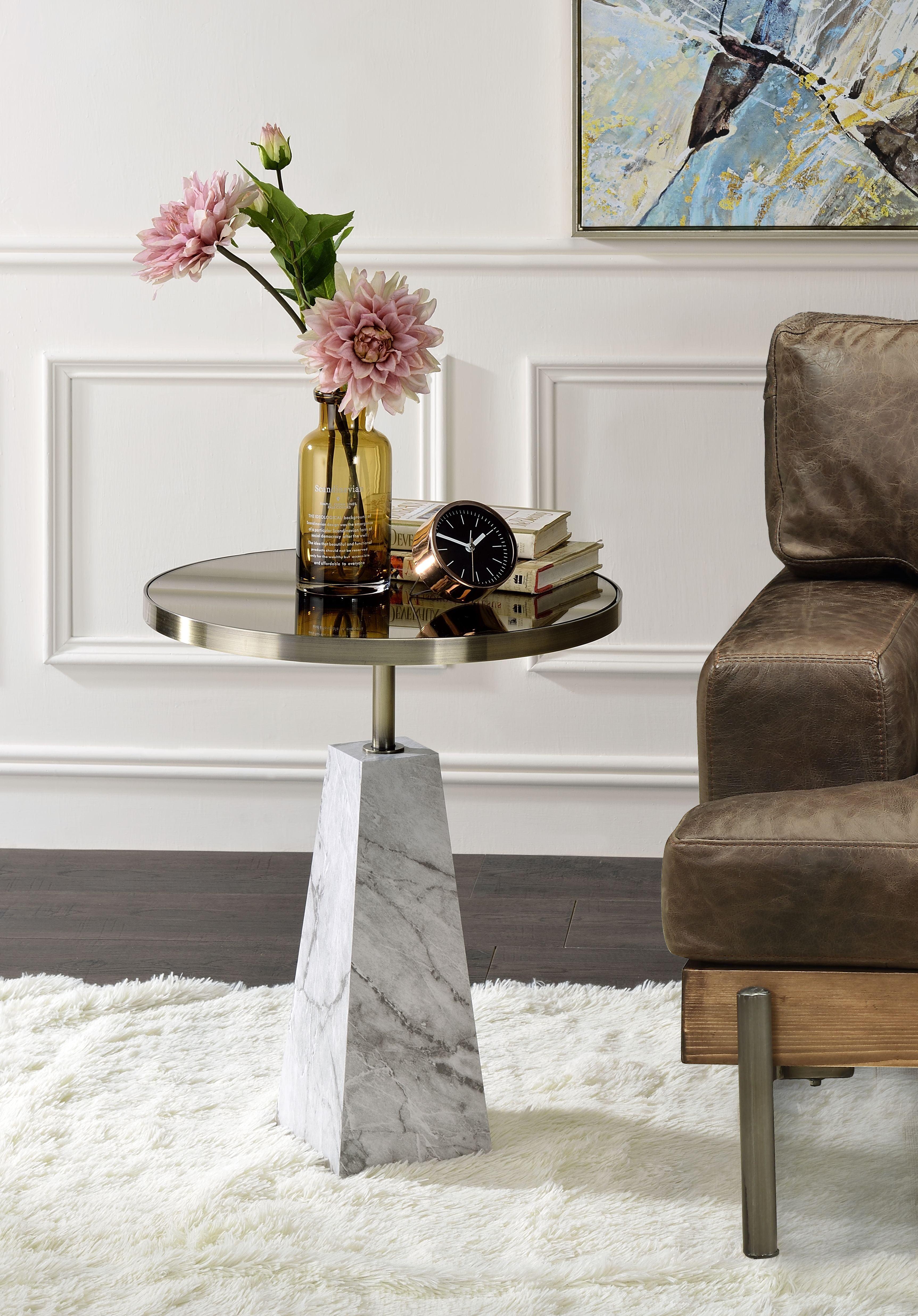 Elegant Round Mirrored Side Table with Faux Marble Base