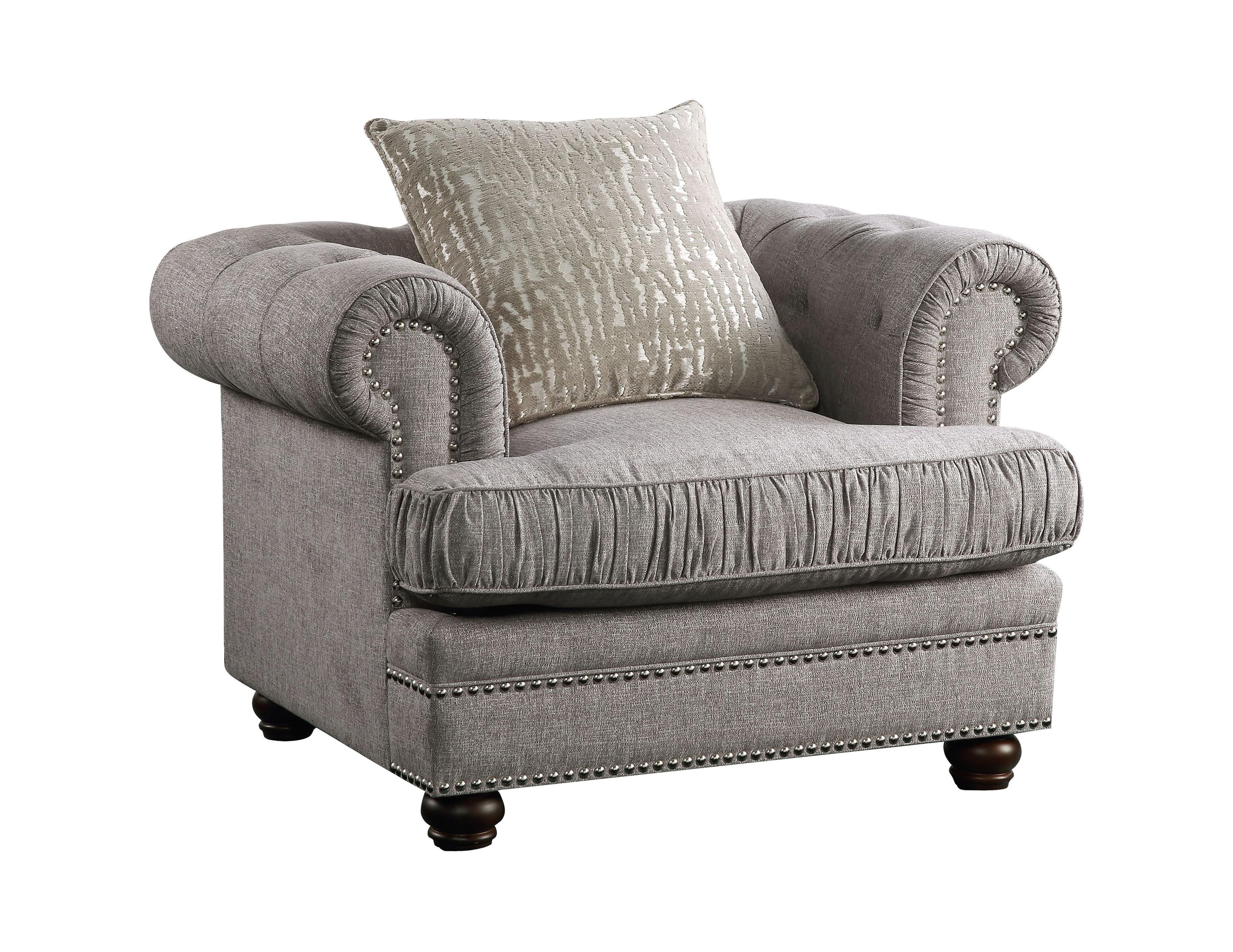 Elegant Gray Fabric Chair with Nail-Head Trim and Rolled Arms