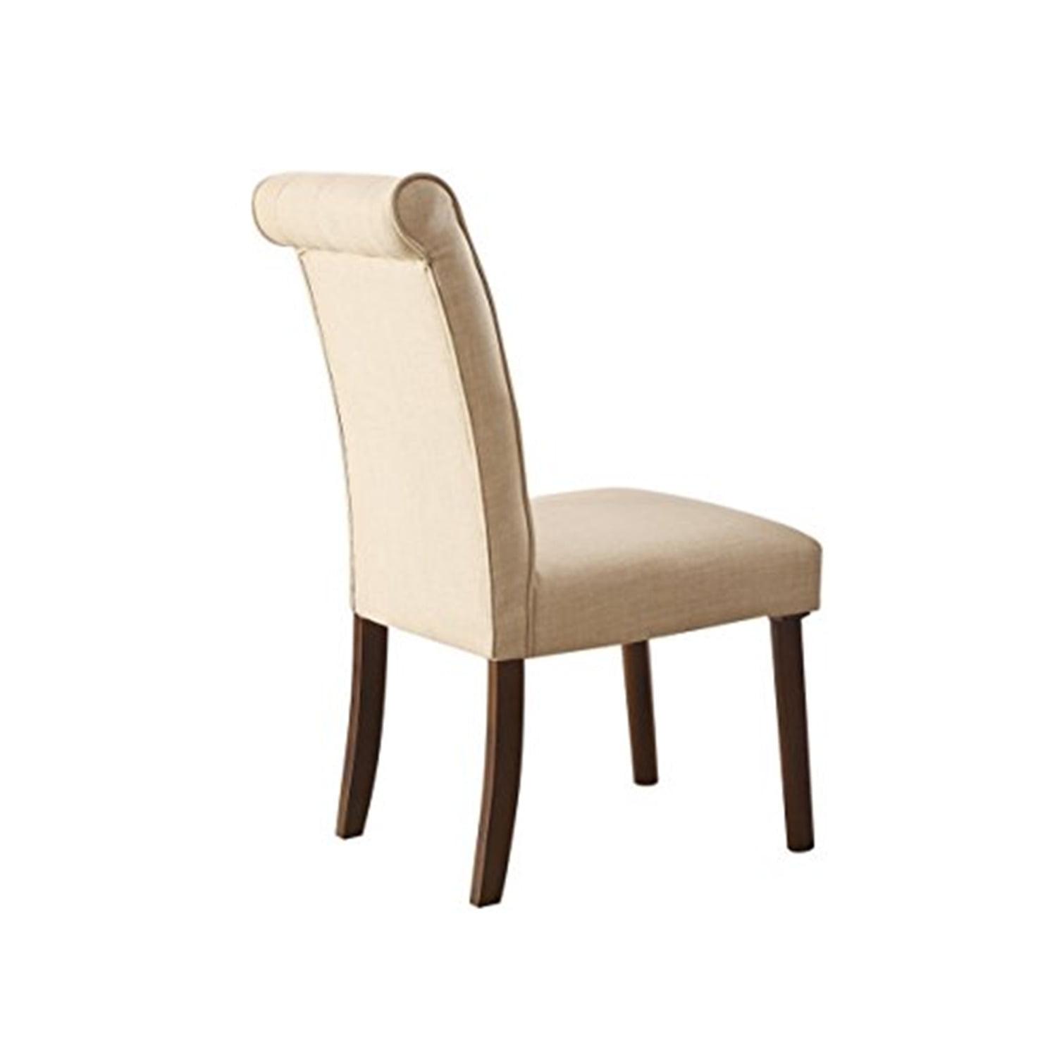 Set of 2 Beige Linen Upholstered Parsons Side Chairs with Walnut Wood Legs