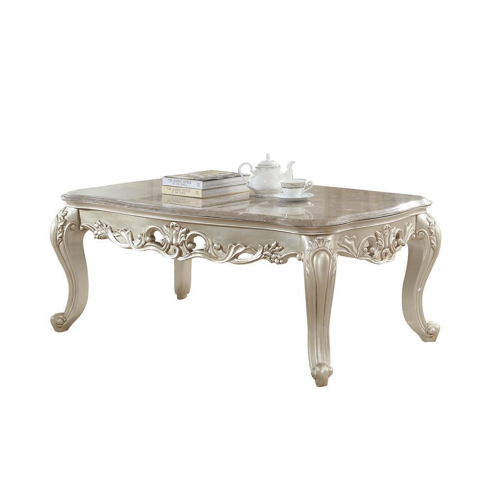HomeStock End Table W/Marble Top, Marble & Baroque Bliss White