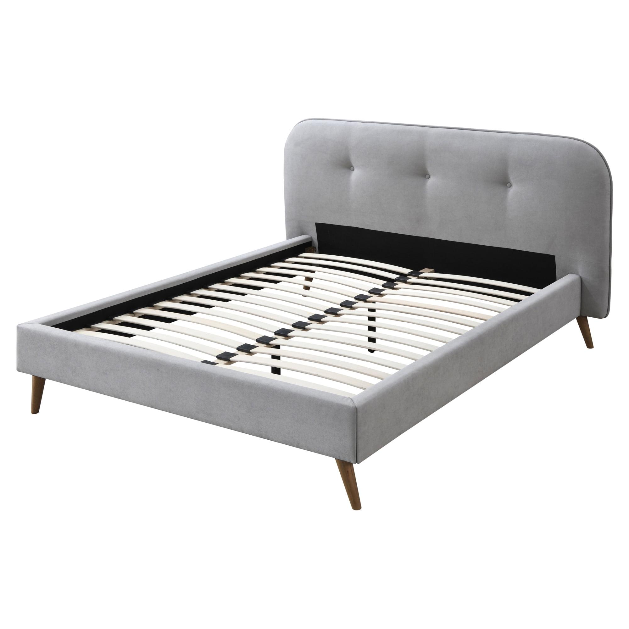 Graves Eastern King Bed with Tufted Gray Upholstery and Wood Accents