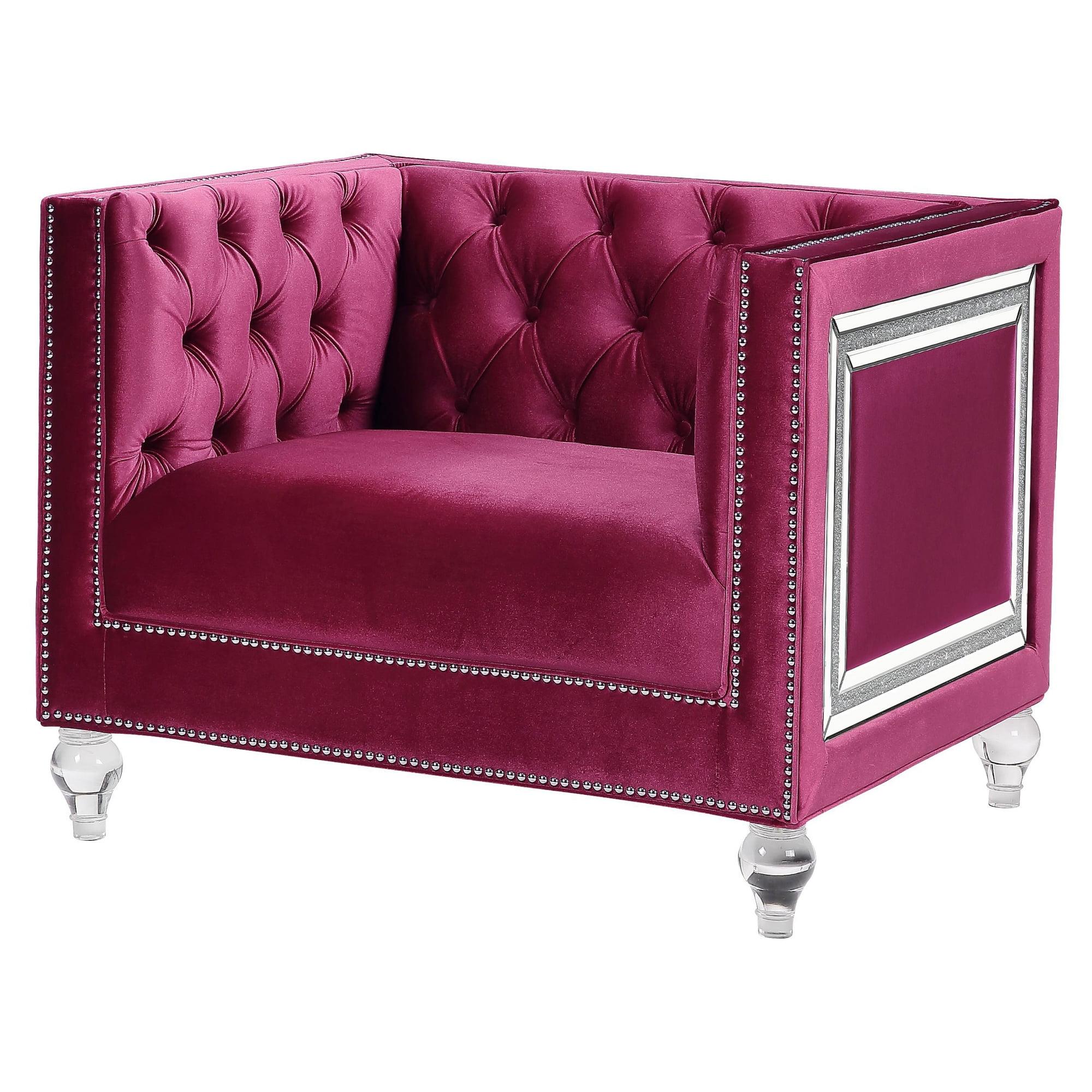 Burgundy Velvet and Wood Tuxedo Arm Accent Chair