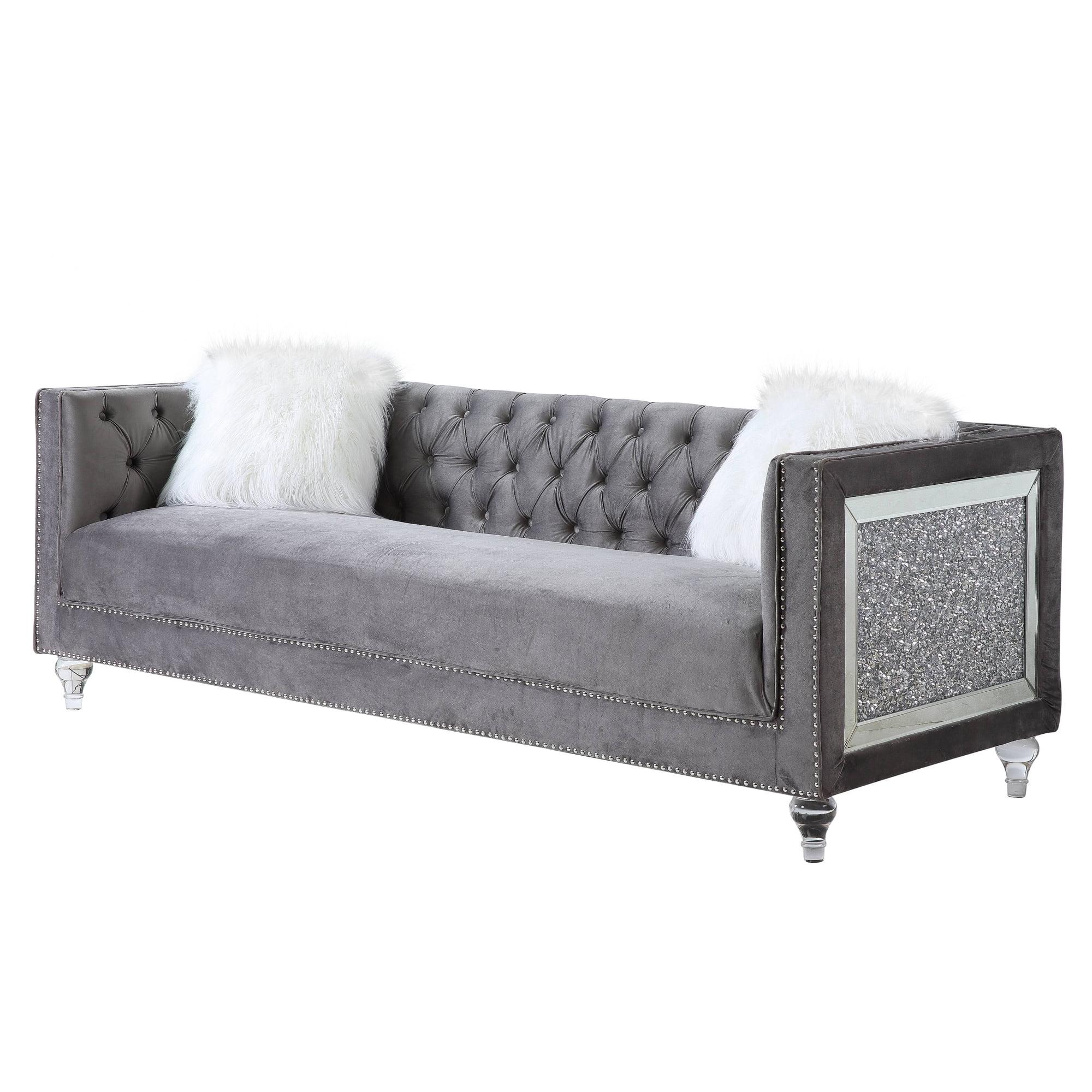 Gray Velvet Tufted Sofa with Nailhead Trim