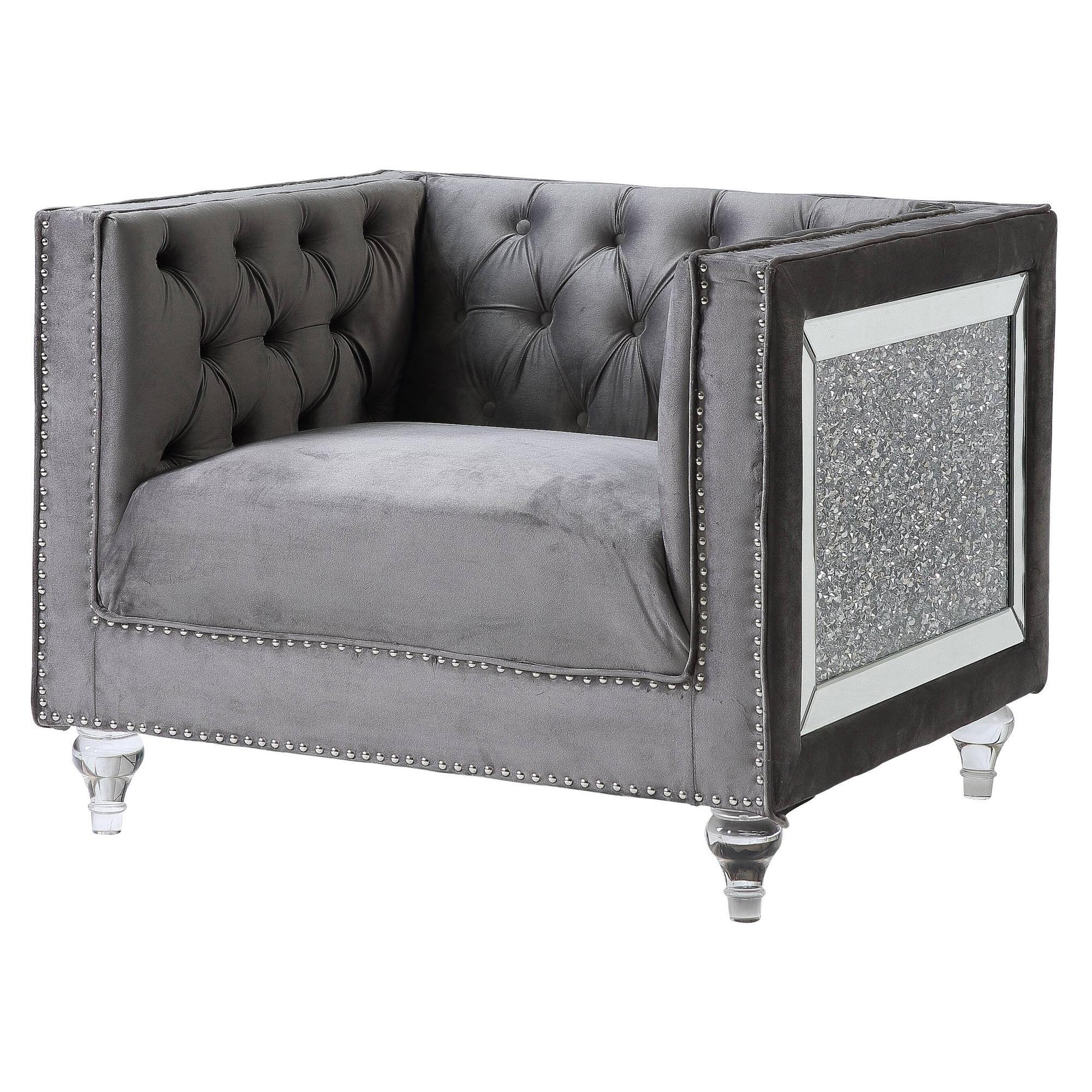 HeiberoII Gray Velvet Accent Chair with Mirrored Diamond Trim