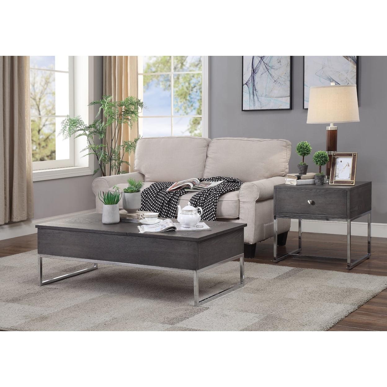 Gray Oak and Chrome Lift-Top Coffee Table with Storage