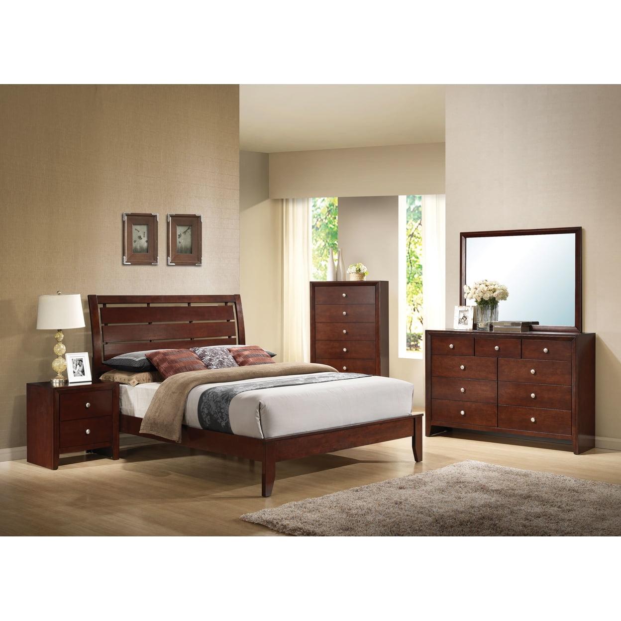 Brown Cherry Queen Upholstered Wood Platform Bed with Drawers