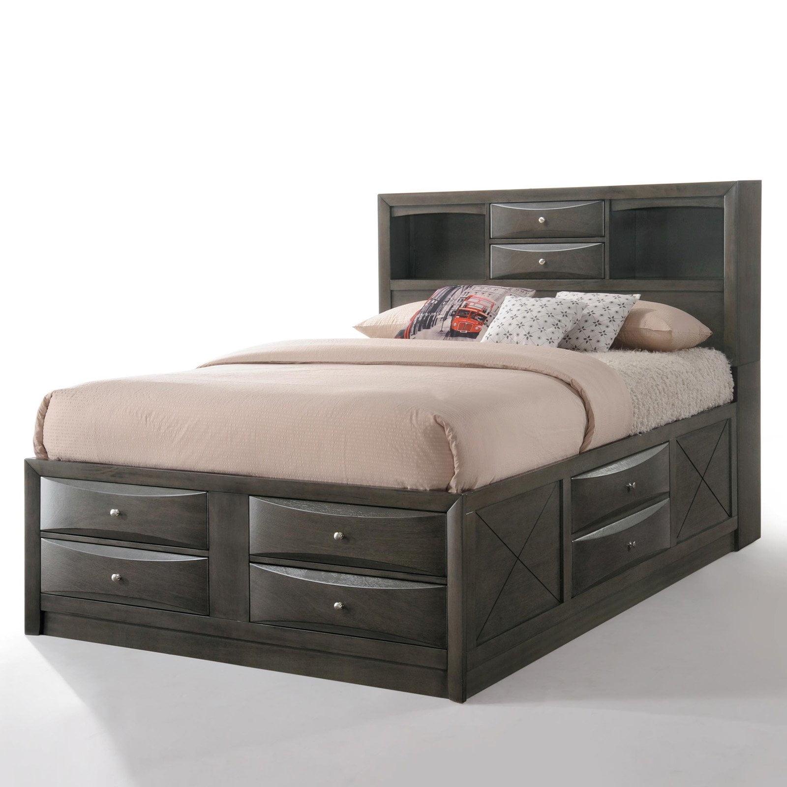 Gray Oak Upholstered King Captain's Bed with Bookcase Storage