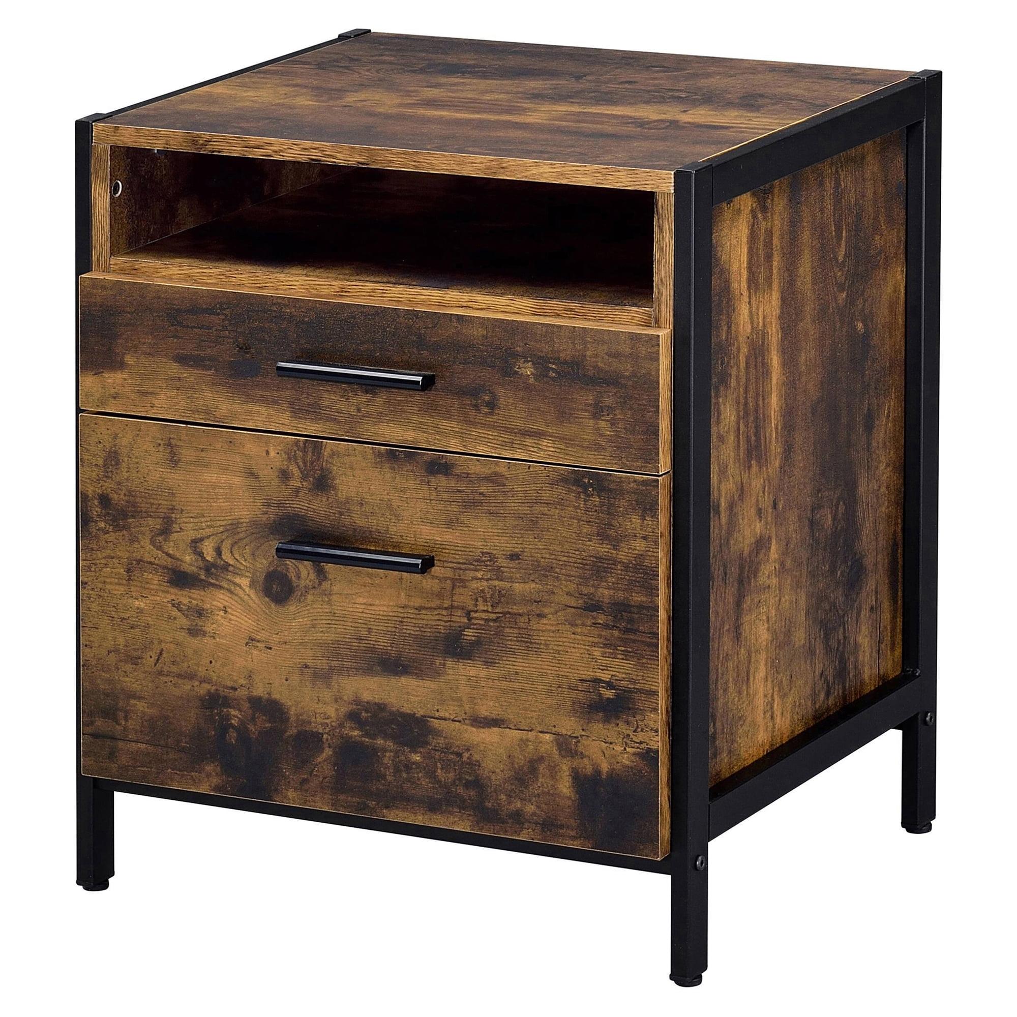 Rustic Oak and Black 2-Drawer Industrial Nightstand