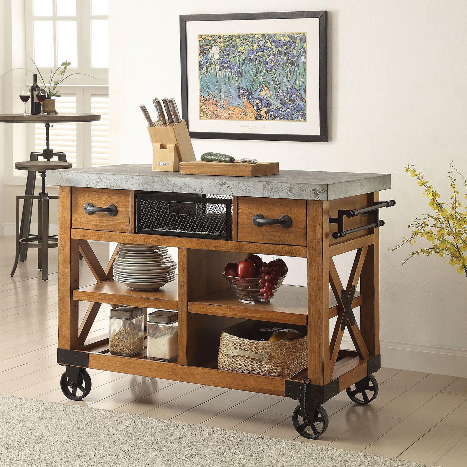 Kailey Antique Oak Drop Leaf Kitchen Cart with Storage