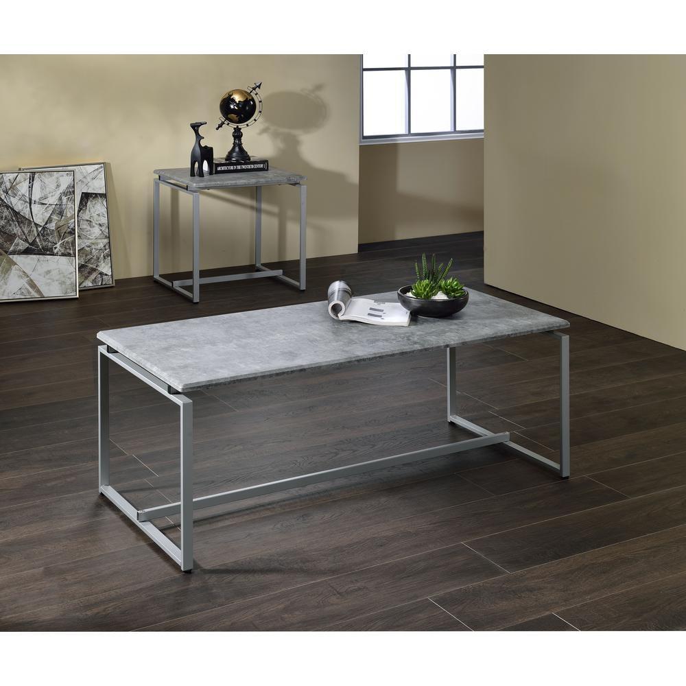 Acme Furniture 48" Jurgen Coffee Table Faux Concrete Top Silver: Modern Rectangle, Metal Frame, Wood Surface