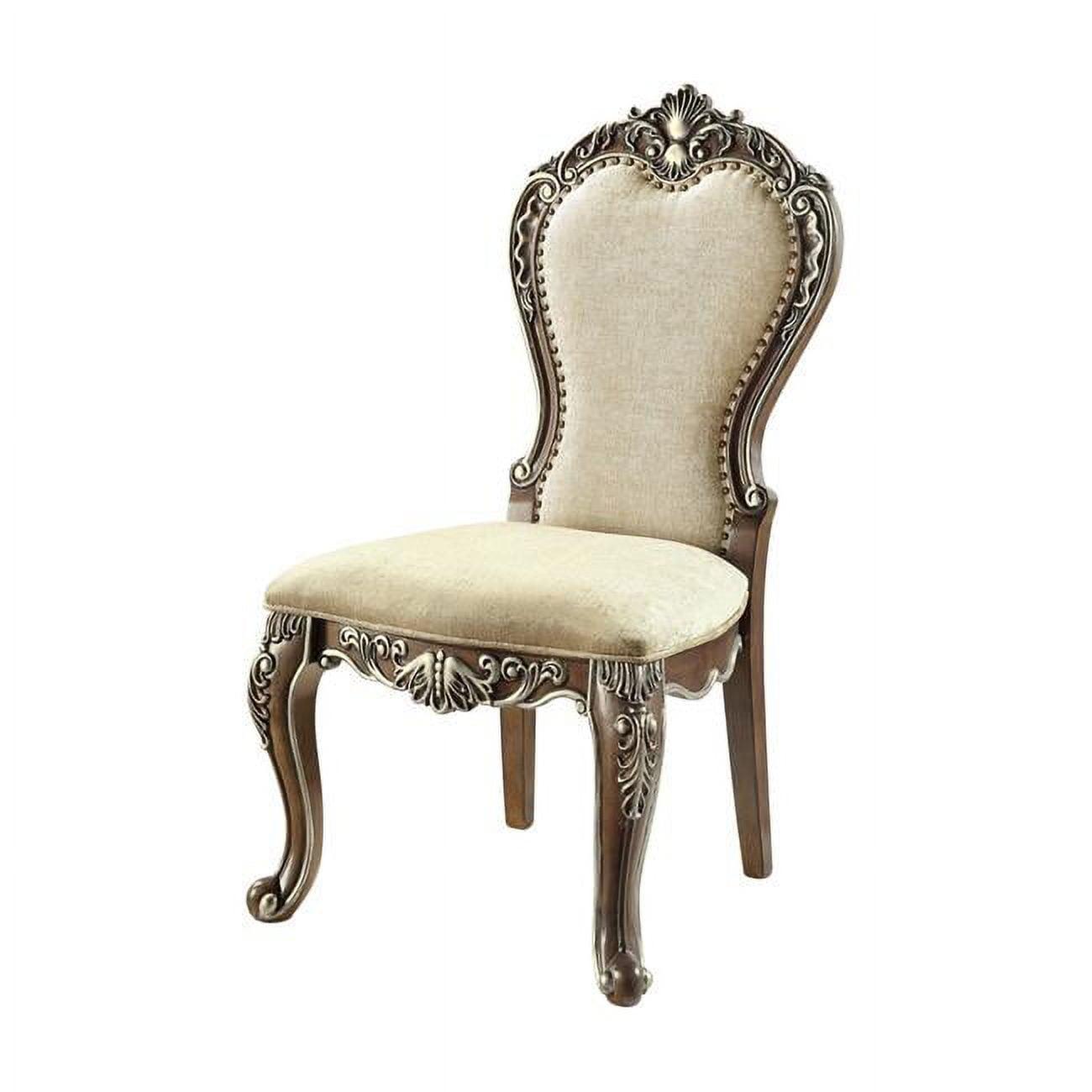 Antique Oak and Gray Chenille Upholstered Side Chair with Nailhead Trim