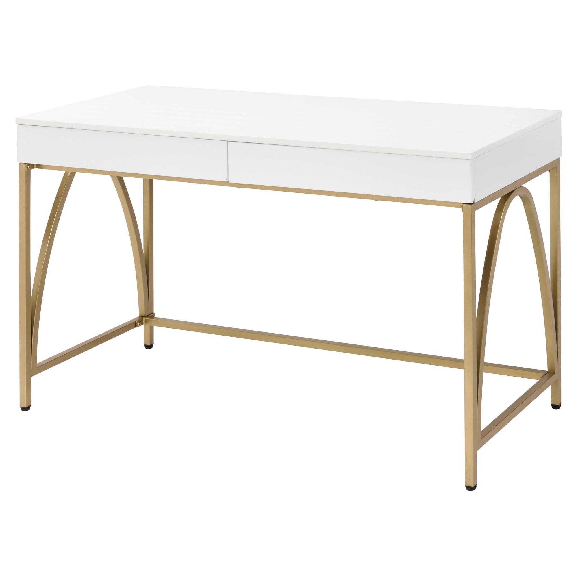 Executive White Gloss & Gold Wood Desk with Drawers & Keyboard Tray