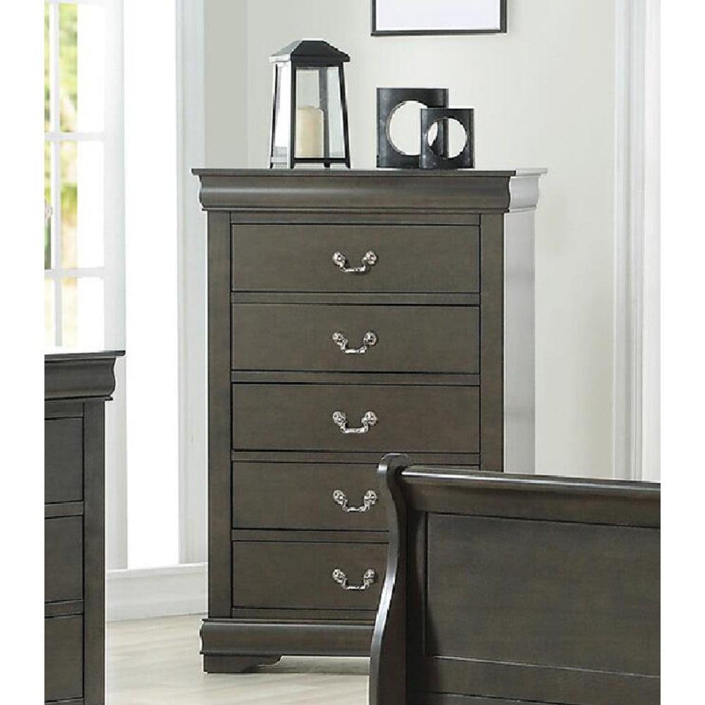 Elegant Gray Wooden Chest with Five Dovetail Drawers and Nickel Handles