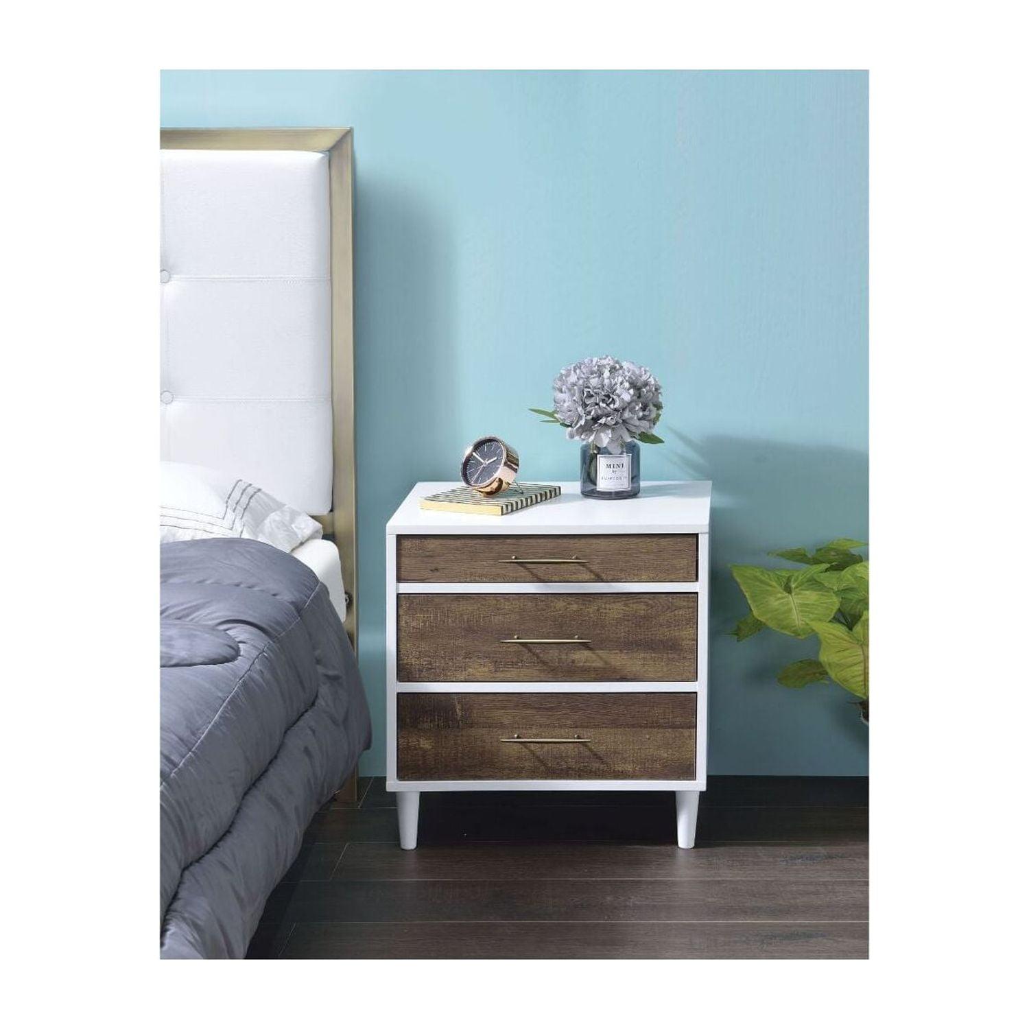 White and Weathered Oak 3-Drawer Nightstand