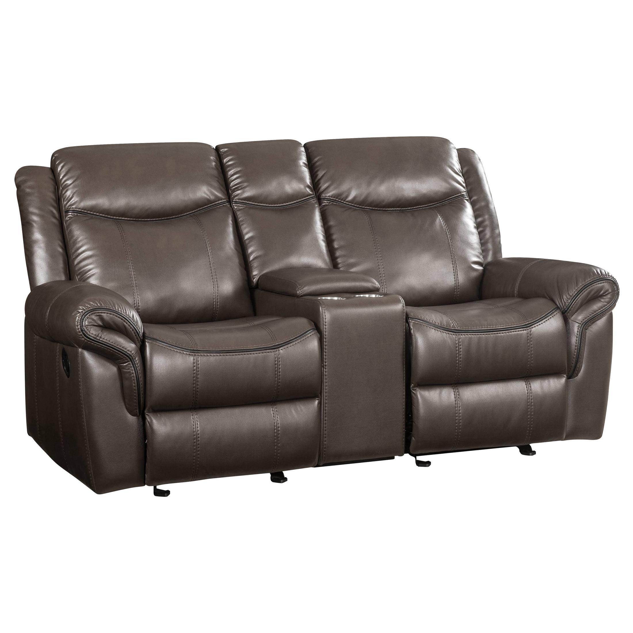 Brown Leather Tufted Loveseat with Console and Cup Holders