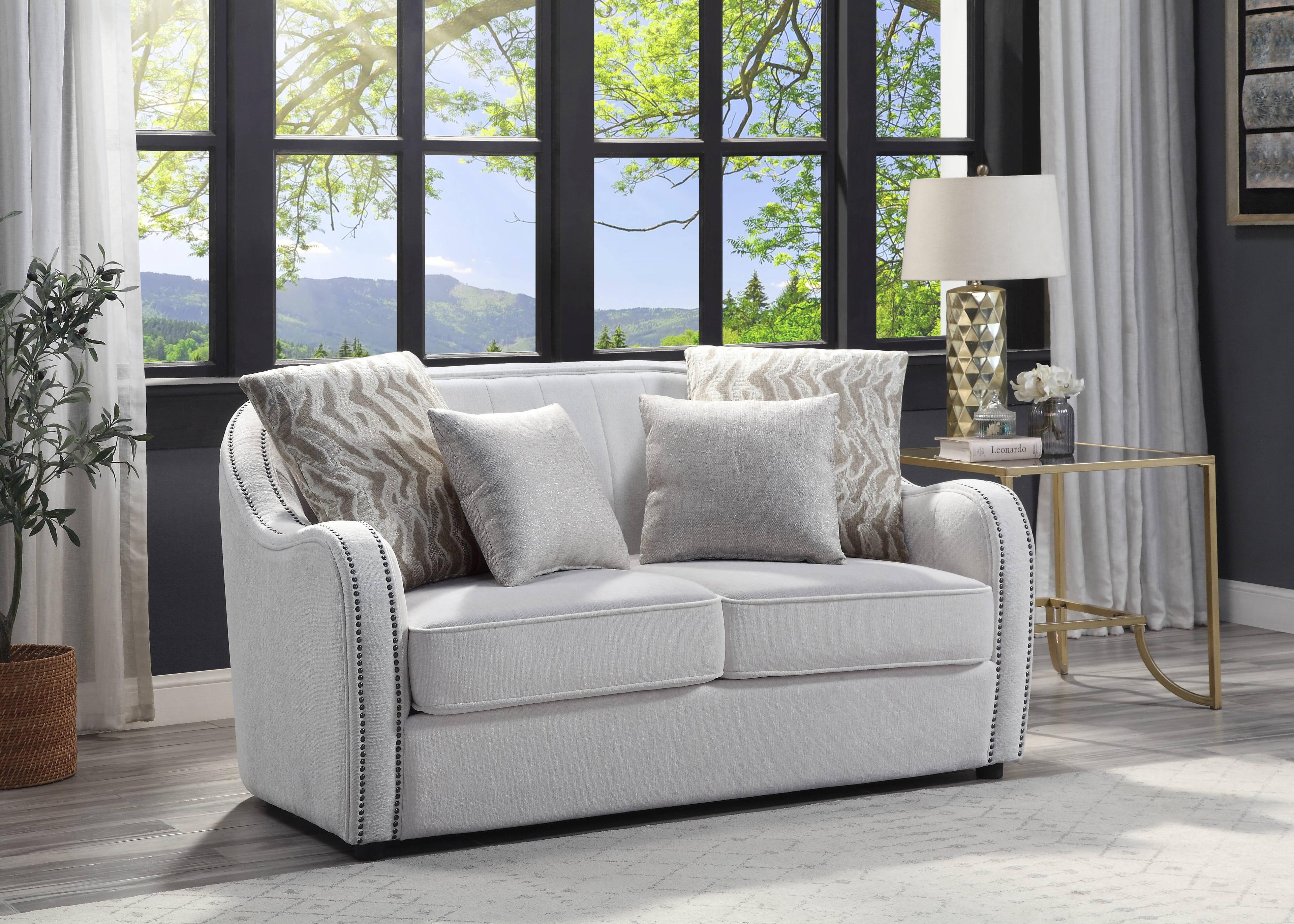 Beige Linen Tufted Loveseat with Nailhead Trim and Wood Legs