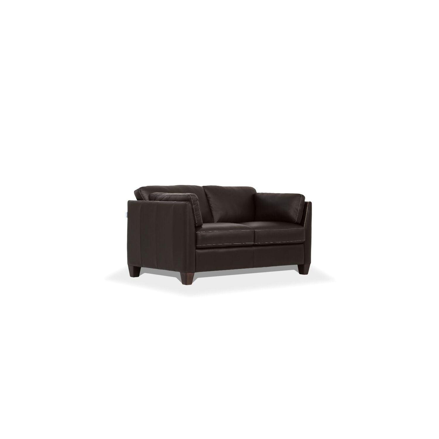 Matias Chocolate Leather Loveseat with Wooden Block Legs