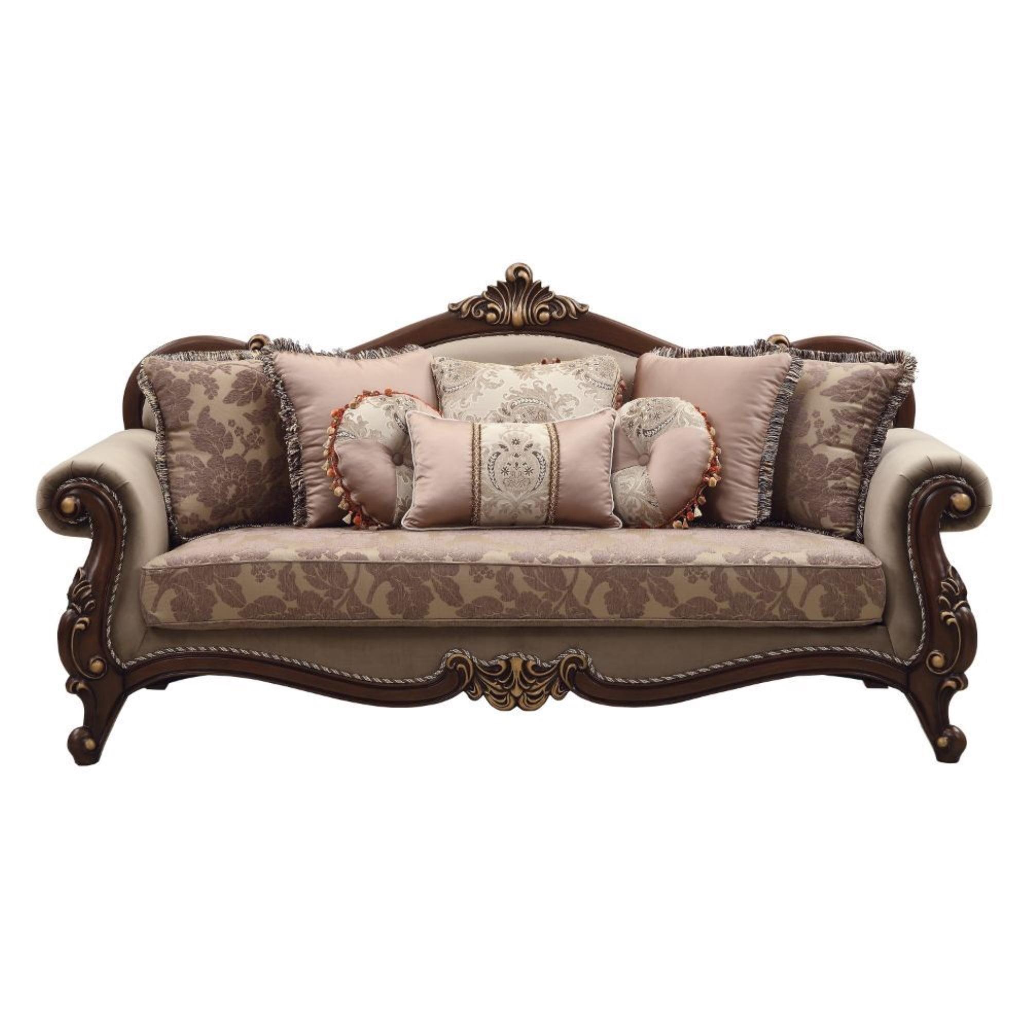 Elegant Walnut Velvet Rolled Arm Sofa with 8 Pillows