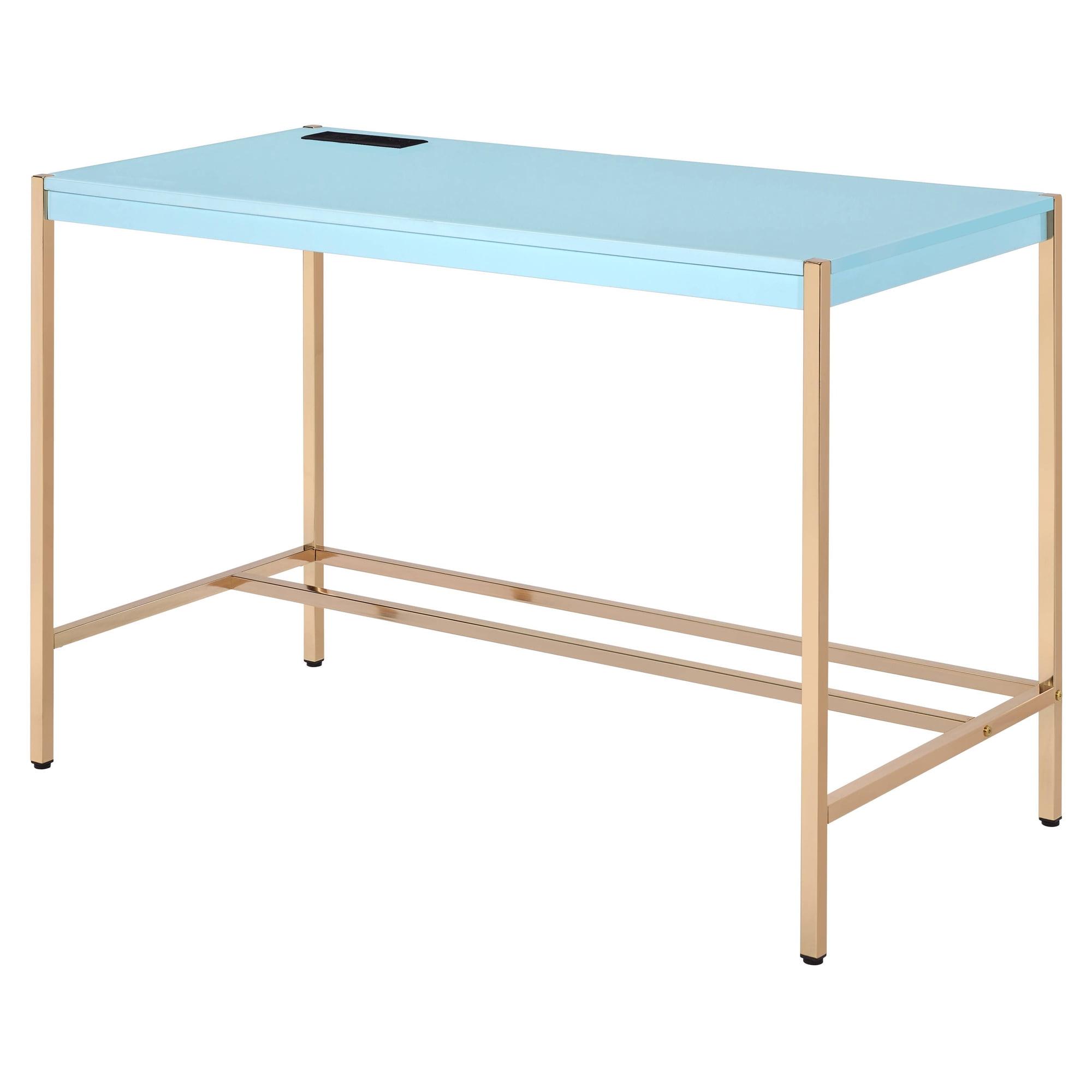 Elegant Baby Blue & Gold Writing Desk with USB & Filing Cabinet