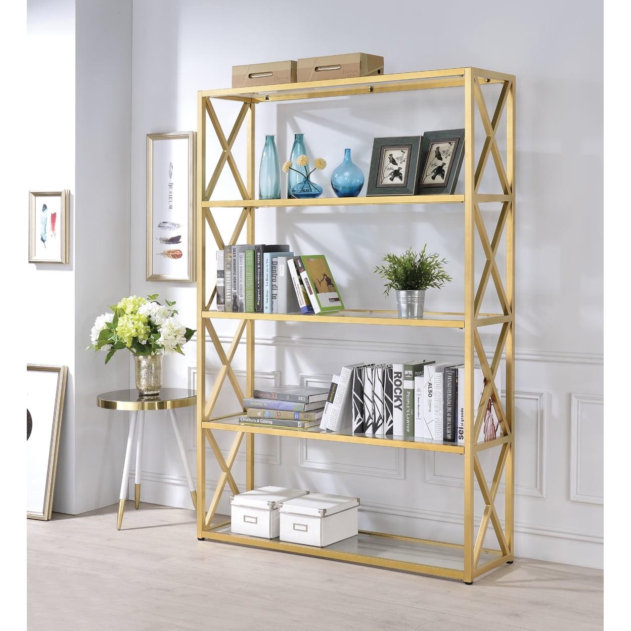 Milavera 48" Gold Metal and Clear Glass 5-Shelf Etagere Bookcase