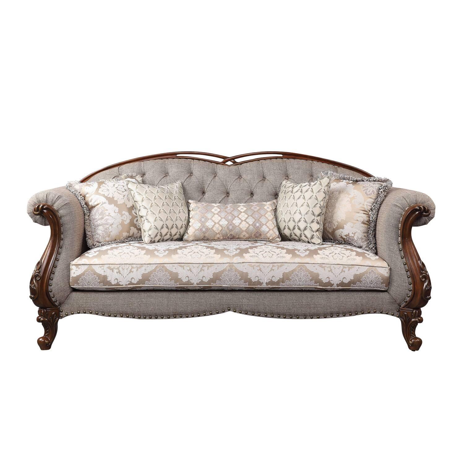 Cherry Finish 90'' Tufted Fabric Sofa with Nailhead Detail