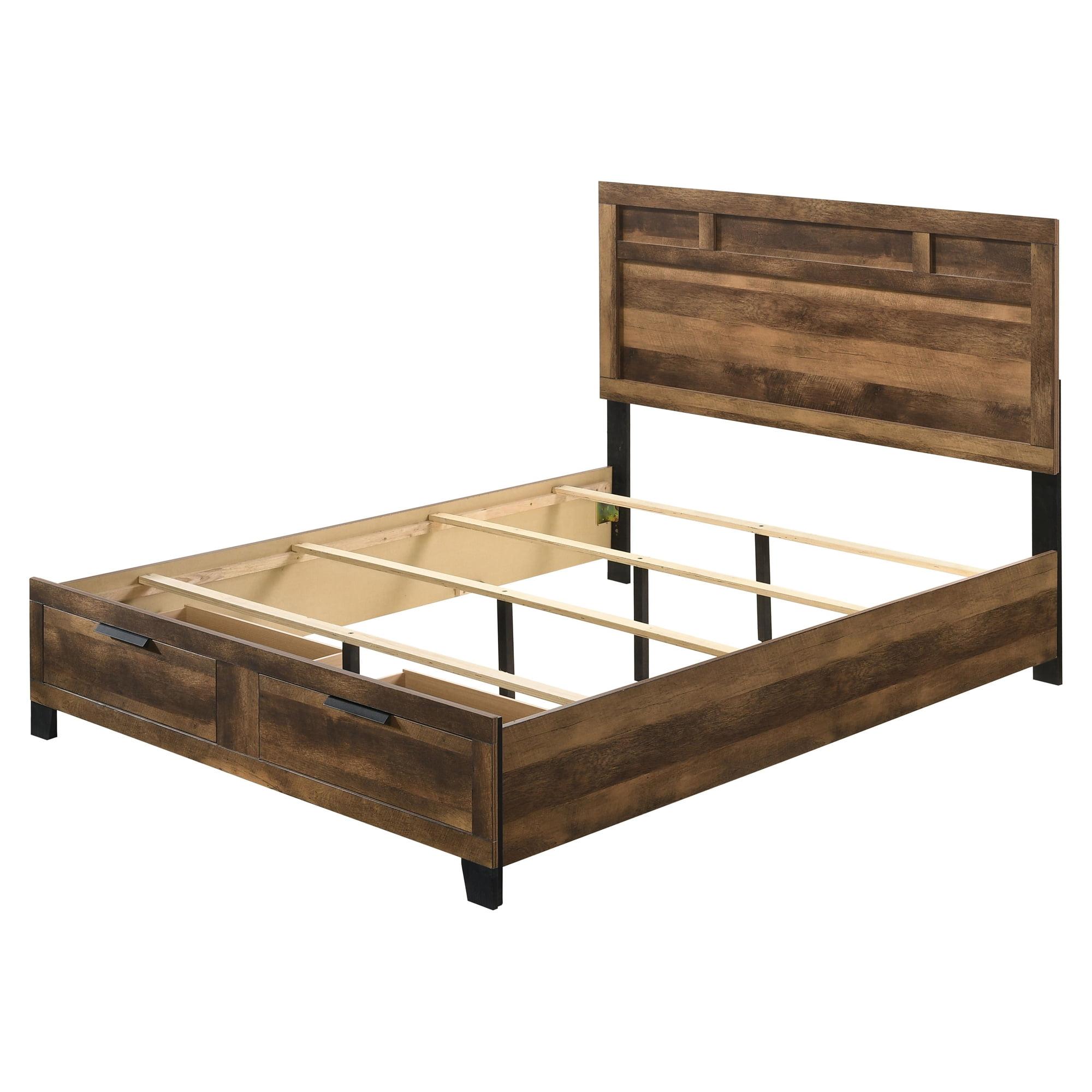Rustic Oak Queen Storage Bed with 2 Drawers and Wood Headboard