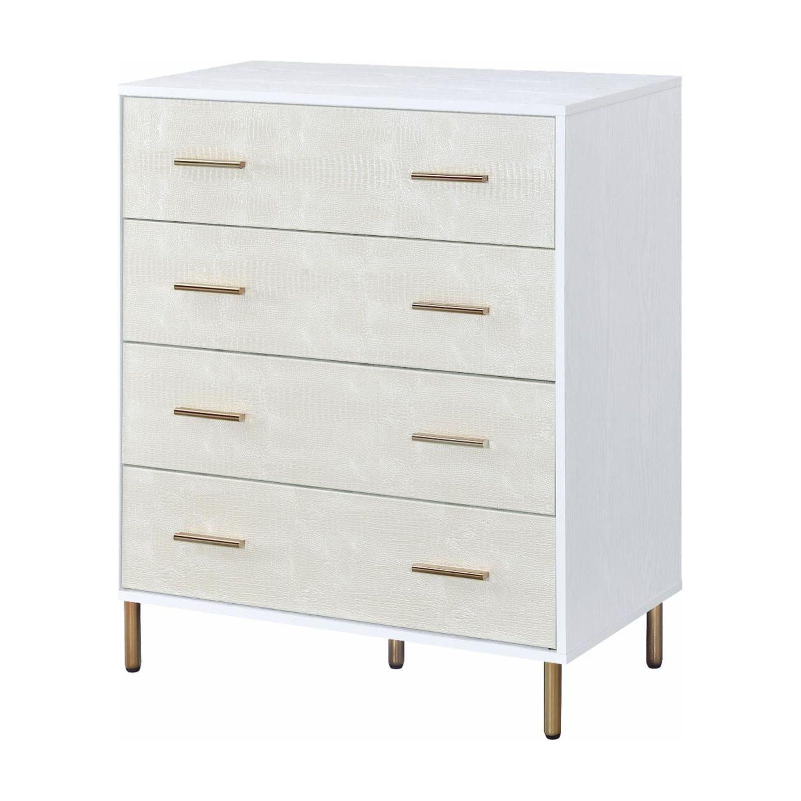 White and Gold 4-Drawer Chest with Crocodile Texture