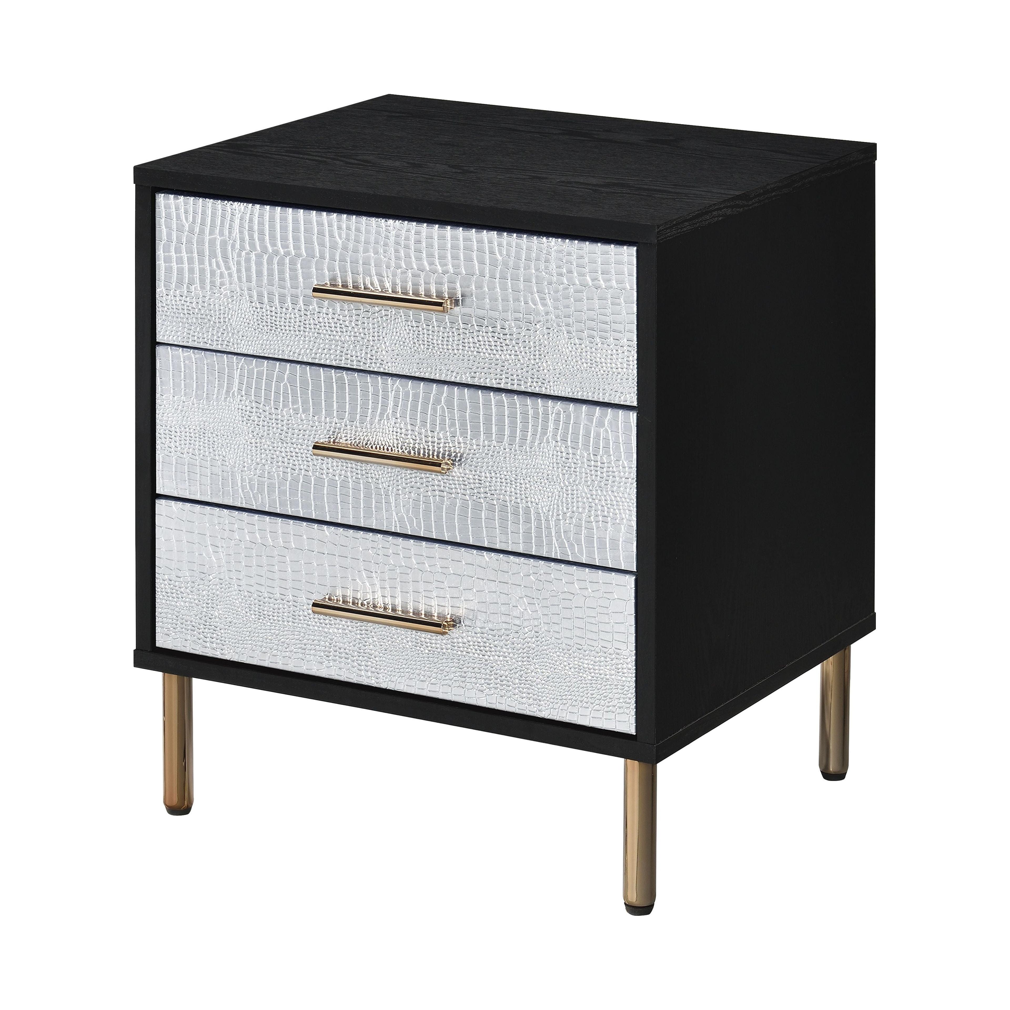 Black, Silver, and Gold 3-Drawer Faux Crocodile Nightstand